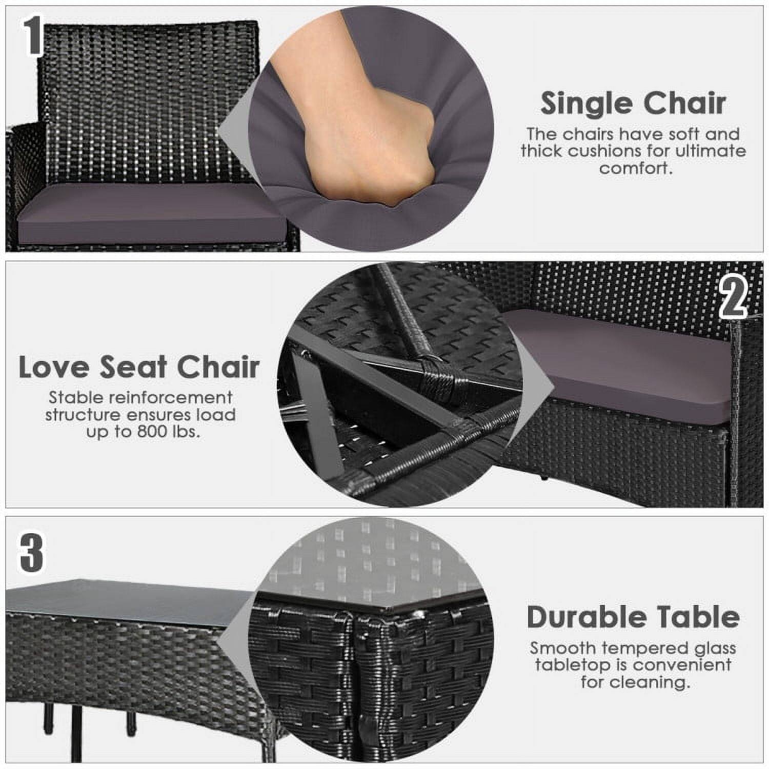 1. Single Chair  
The chairs have soft and thick cushions for ultimate comfort.

2. Love Seat Chair  
Stable reinforcement structure ensures load up to 800 lbs.

3. Durable Table  
Smooth tempered glass tabletop is convenient for cleaning.