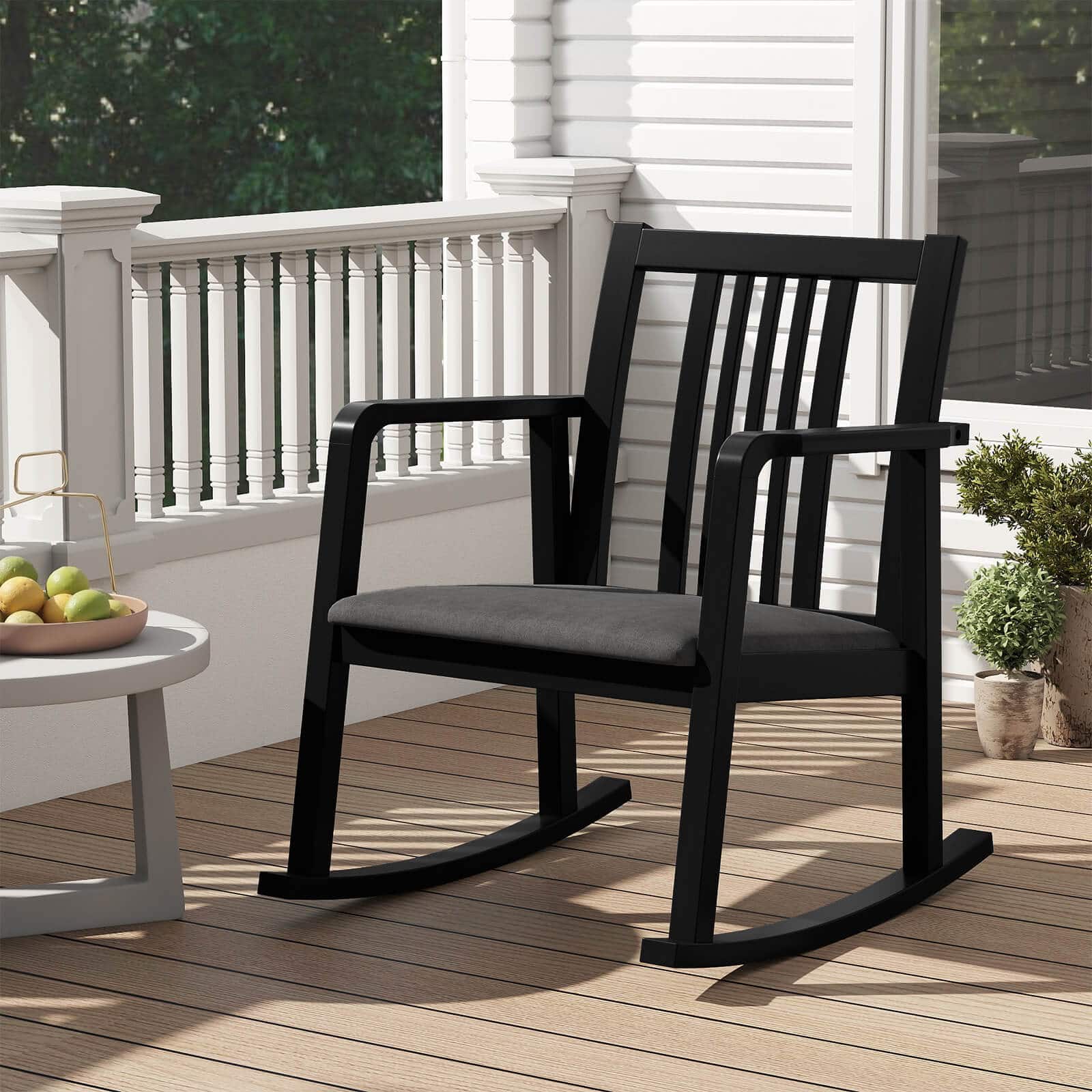 Costway - 1 PCS Rocking Chair with Cushioned Seat, Slatted Back & Curved Armrests for Living Room - Black + Gray