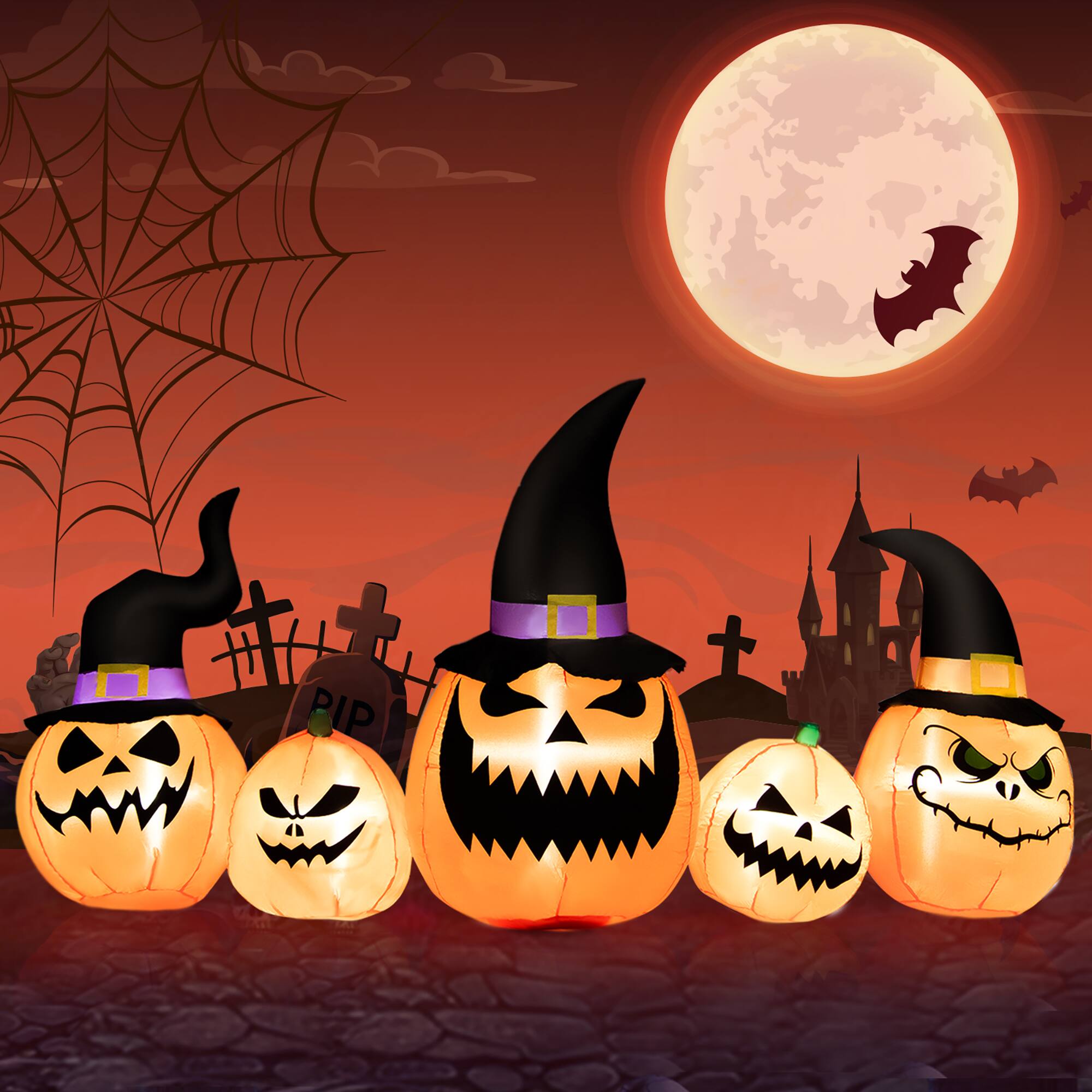 Front. Costway - 8 Ft Tall Inflatable Pumpkin Family Waterproof Halloween Yard Decoration w/LED Lights - Orange/Black.