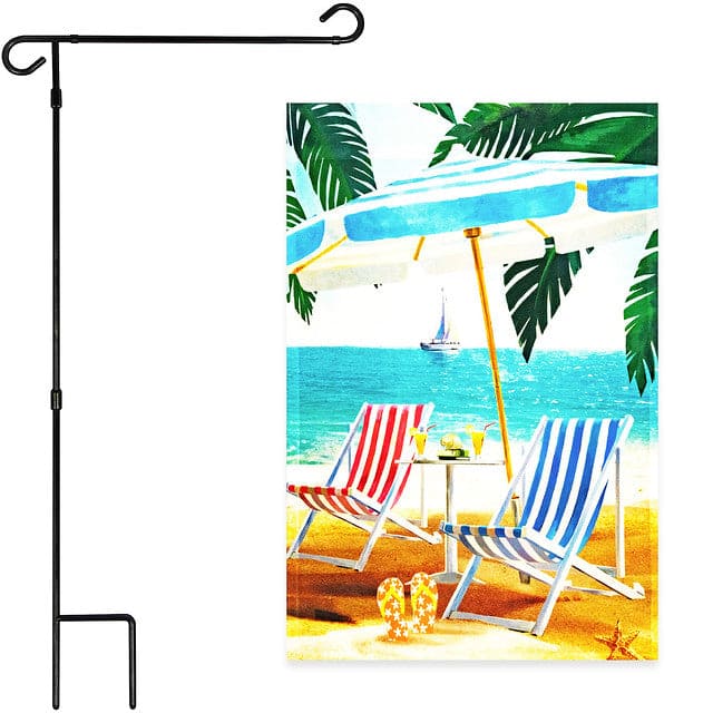 G128 - Combo Pack: Garden Flag Stand 36 x 16 in & Beach Summer 12 x 18 in Garden Flag - Assorted Colors
