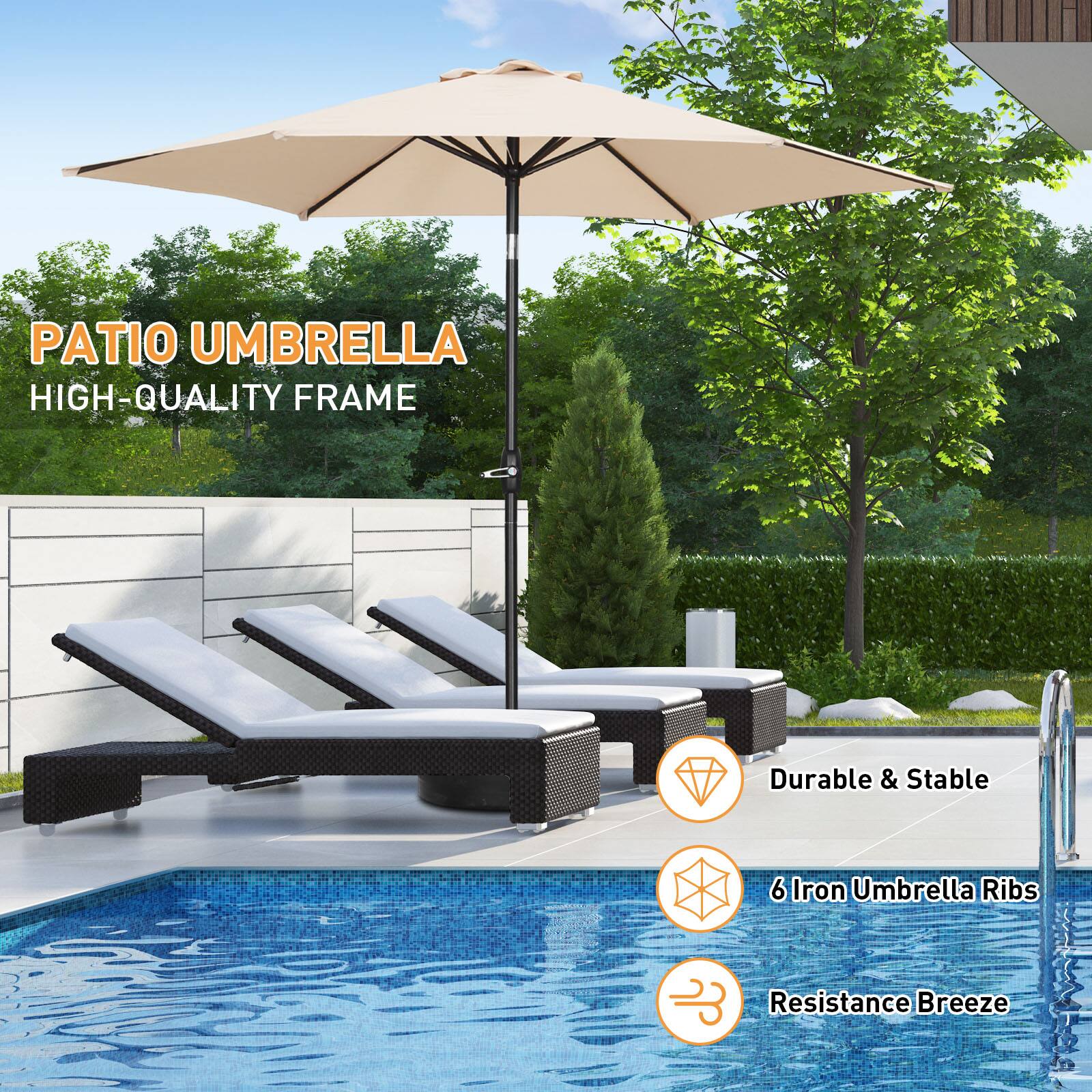PATIO UMBRELLA  
HIGH-QUALITY FRAME  
Durable & Stable  
6 Iron Umbrella Ribs  
Resistance Breeze