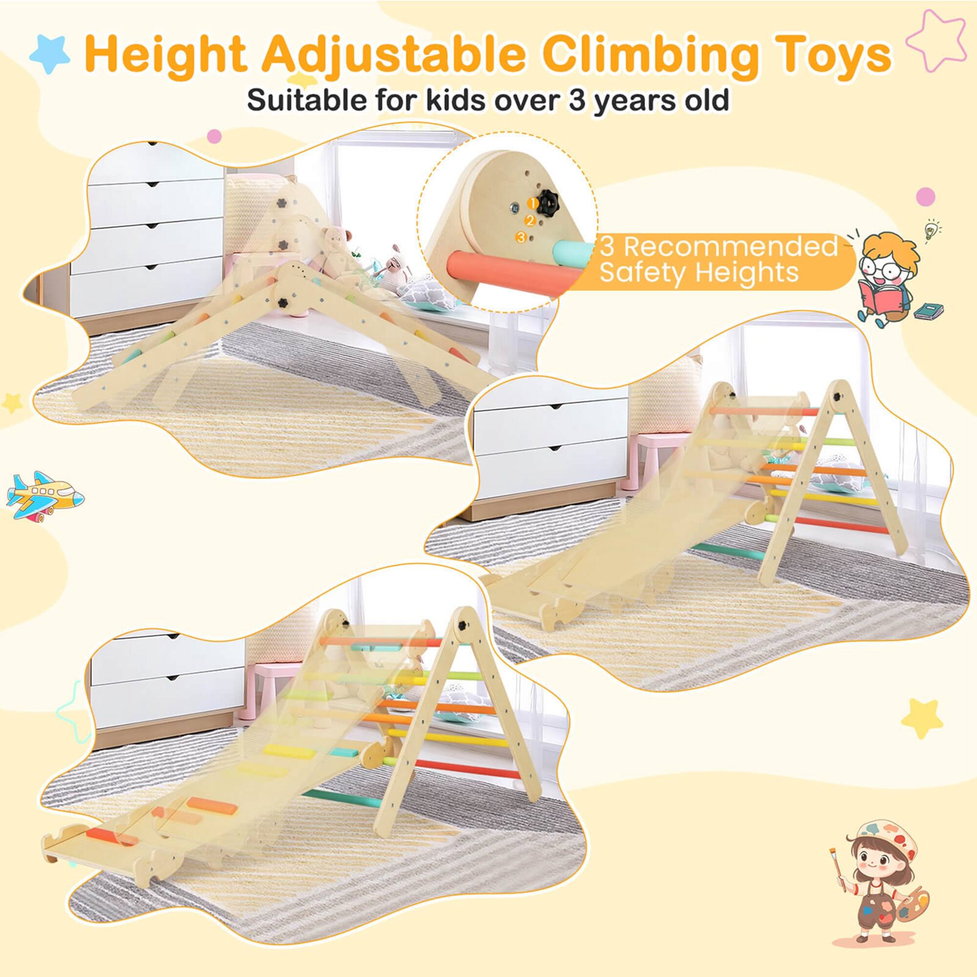Height Adjustable Climbing Toys Suitable for kids over 3 years old
3 Recommended Safety Heights