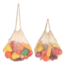 Unique Bargains - 2pcs Reusable Mesh Produce Bag, Washable Net Portable Fruit Veg Bag, Cotton String Long+Short Handle for Grocery - Beige