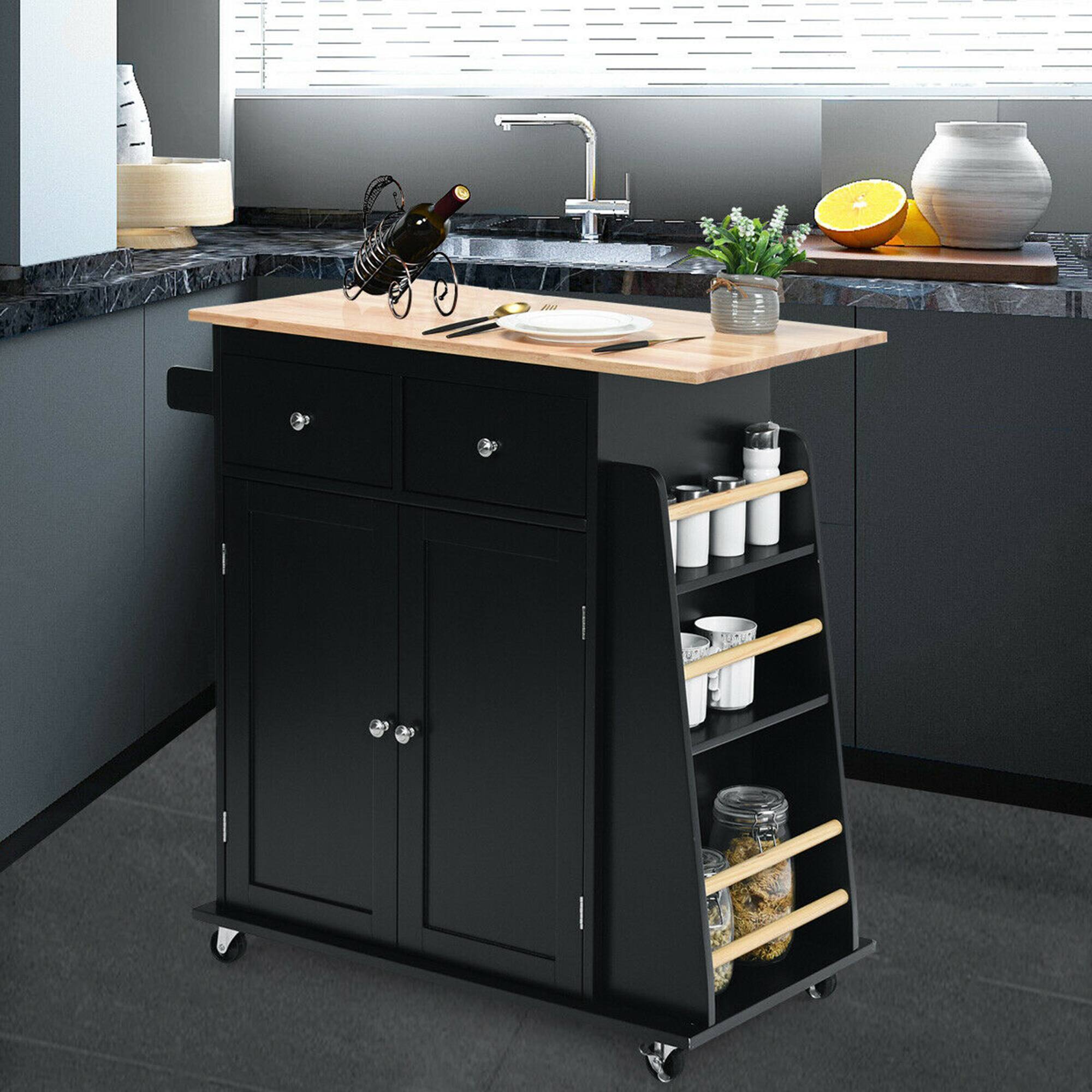 Alt View 3. Gymax - Gymax Rolling Kitchen Island Utility Trolley Cabinet Storage Spice Towel Rack Black - Brown.