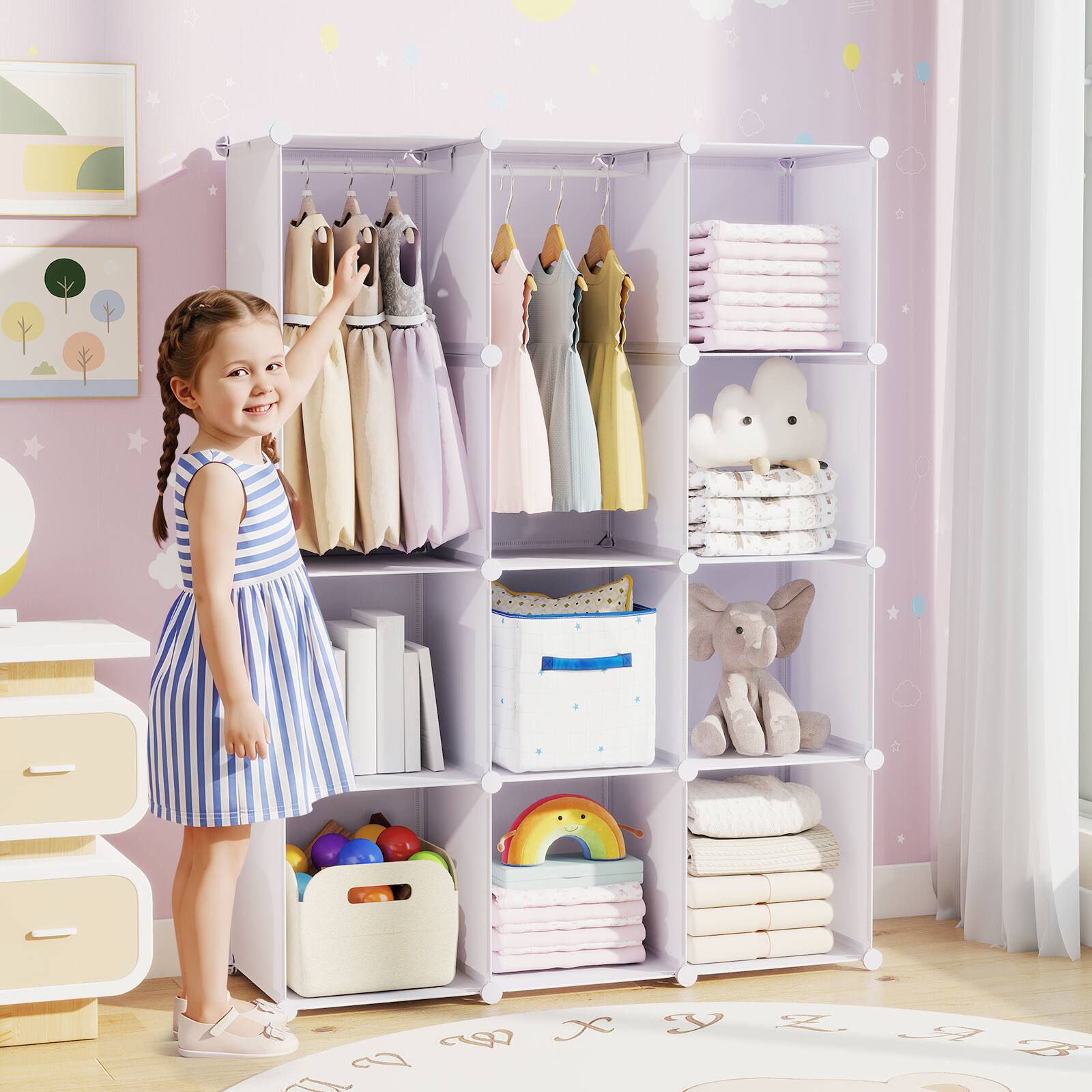 Alt View 1. Costway - Costway 10-Cube Modular Baby Wardrobe Closet with Hanging Rods & Open Shelves for Clothes - White.