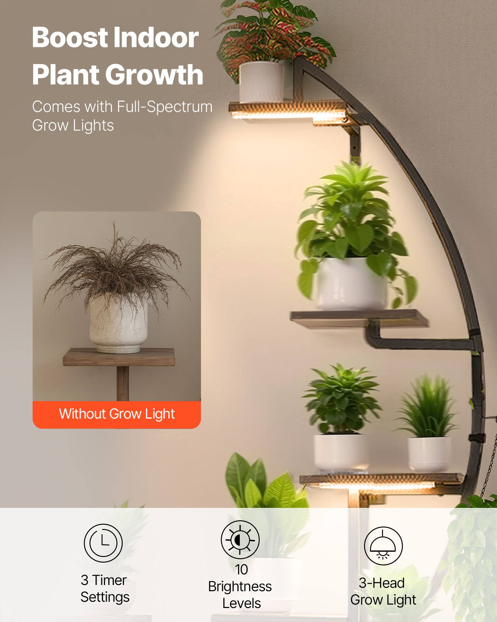 Boost Indoor Plant Growth  
Comes with Full-Spectrum Grow Lights  

Without Grow Light  

3 Timer Settings  
10 Brightness Levels  
3-Head Grow Light