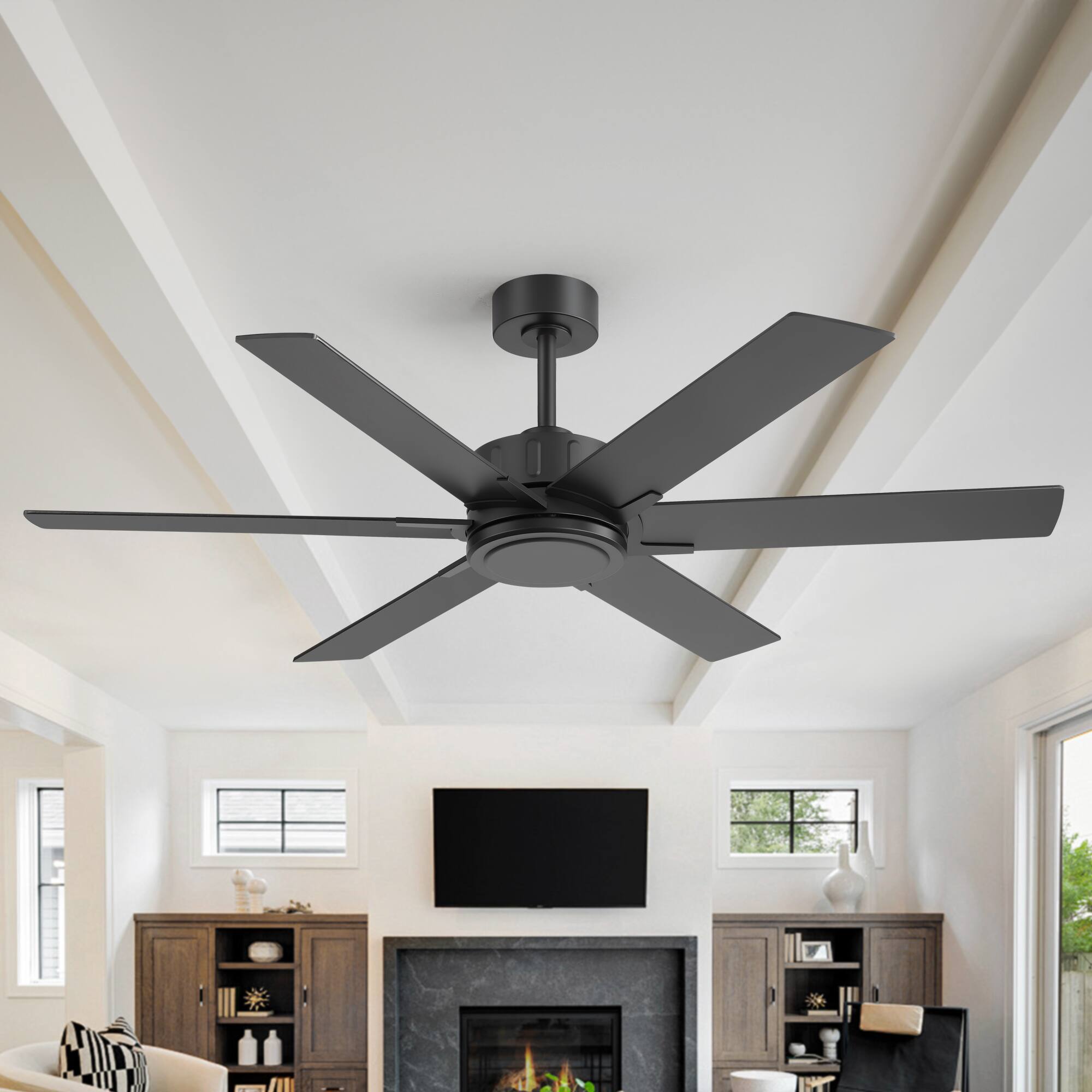 Angle. Breezary - 56-Inch Modern Versatile Ceiling Fan with 6 Plywood Blades, DC Motor, 6-Speed Remote, Timer, Downrod Mount - 56-Inch Black and Walnut.