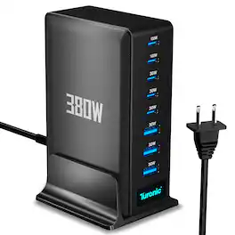 Turonic - 380W charging station, 8-Port Desktop USB-C & USB-A Power Charger, Up to 100W USB-C Output (NCC-888 380W) - Black