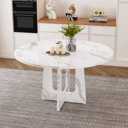 Z-Edge - Round Dining Table for 4-6 People, 47" Dining Room Table with Wooden Pedestal Base, Circle Kitchen Table for Living Room - White
