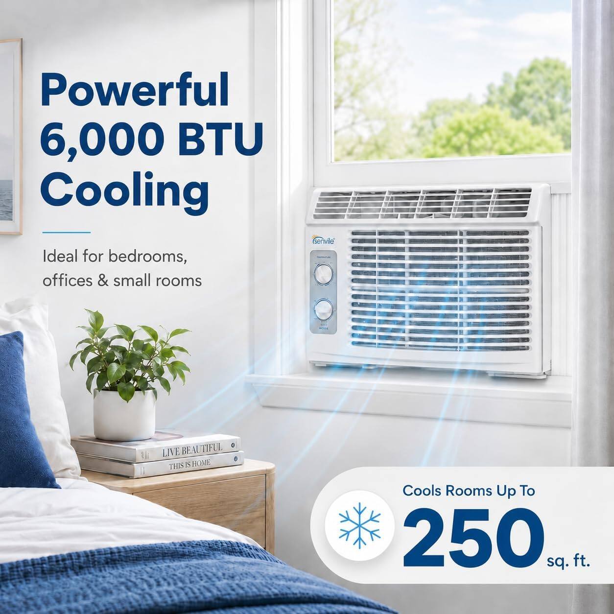 Powerful 6,000 BTU Cooling  
Ideal for bedrooms, offices & small rooms  
Cools Rooms Up To 250 sq. ft.