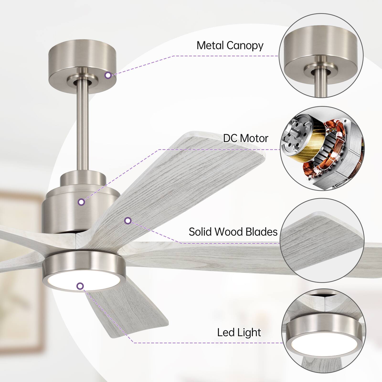 Metal Canopy  
DC Motor  
Solid Wood Blades  
Led Light