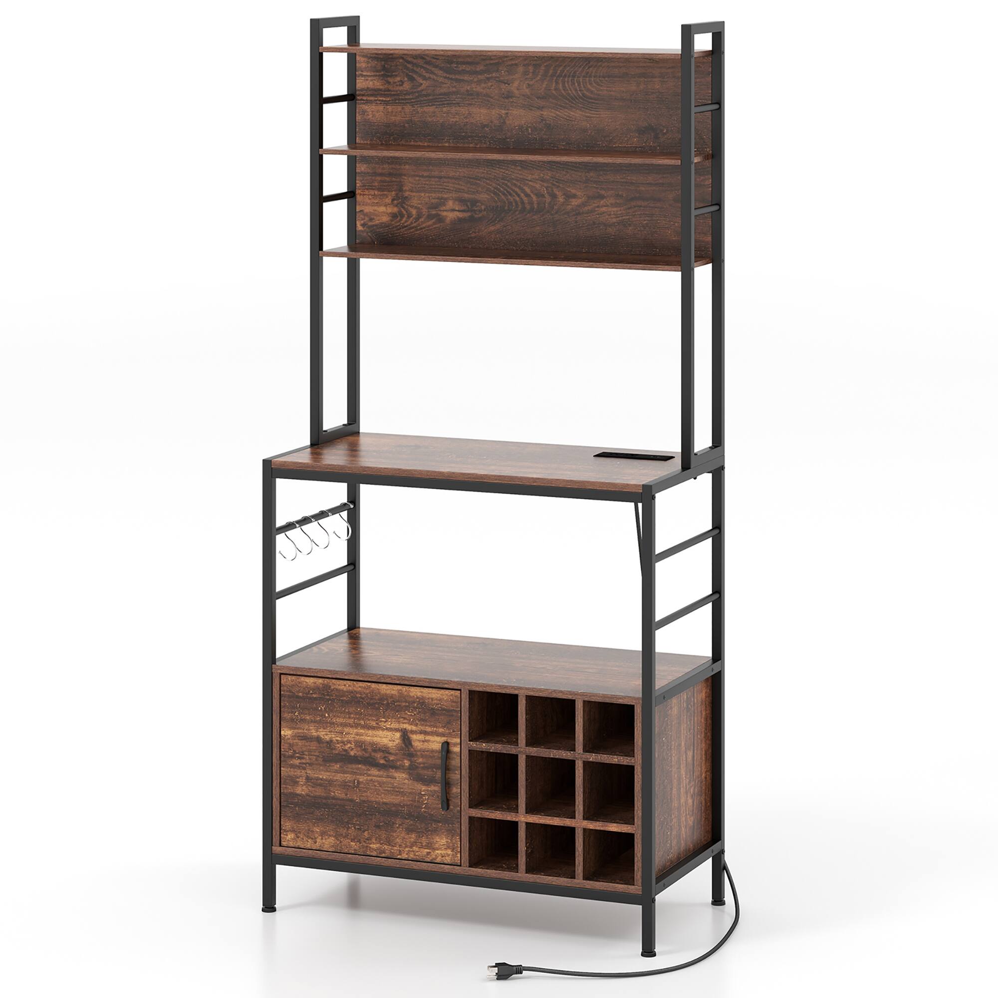 Alt View 9. Gymax - Gymax 67'' Bakers Rack w/ Power Outlet Coffee Bar Cabinet w/ S-Shaped Hooks Rustic Brown - Rustic Brown.