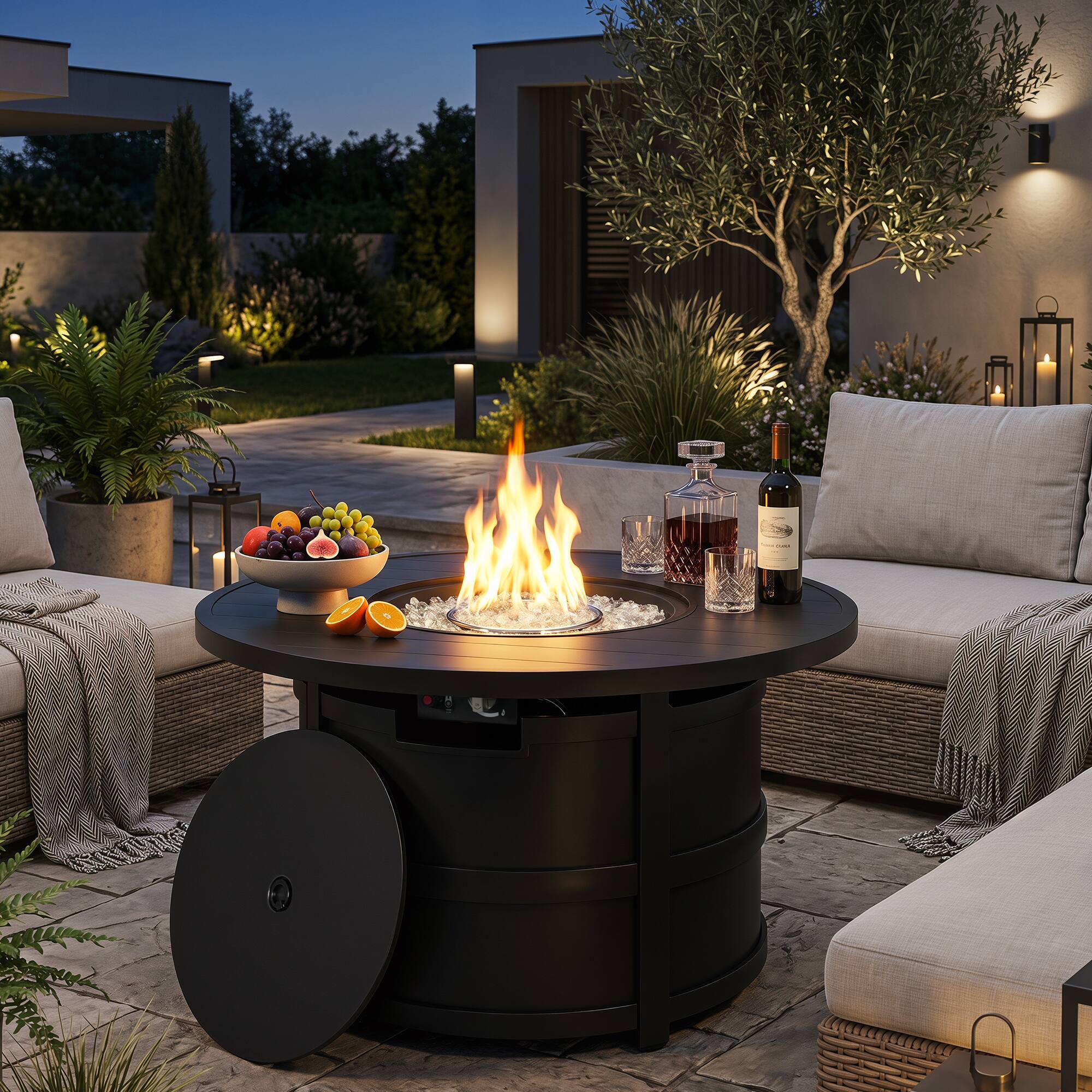 Back. Nuu Garden - Outdoor 40 Inch Fire Pit Table, 50,000 BTU Fire Pit with Lid.