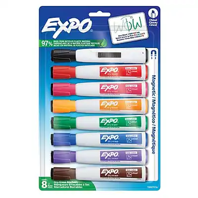 Expo
Chisel Ciseau
97% de plastique recyclé
RECYCLES PLASTIC 97% DE PLASTIQA RECYCLE RECHO CON D PLASTICE RECCLAD
Dry Erase Markers 8
Marcadores Borrables
Sec
Magnetic / Magntico / Magntique
8 Dry Erase Markers & 3 Erasers
8 Marqueurs Borrables & 3 Effaceurs
Made in China
FABRIQUÉ EN CHINE