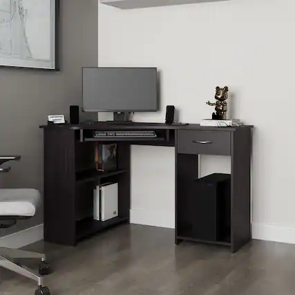 Front. Tiramisubest - Corner Computer Desk, L-Shaped Home Office Desk with Drawer, Shelves, and CPU Space, Wenge - Wenge.