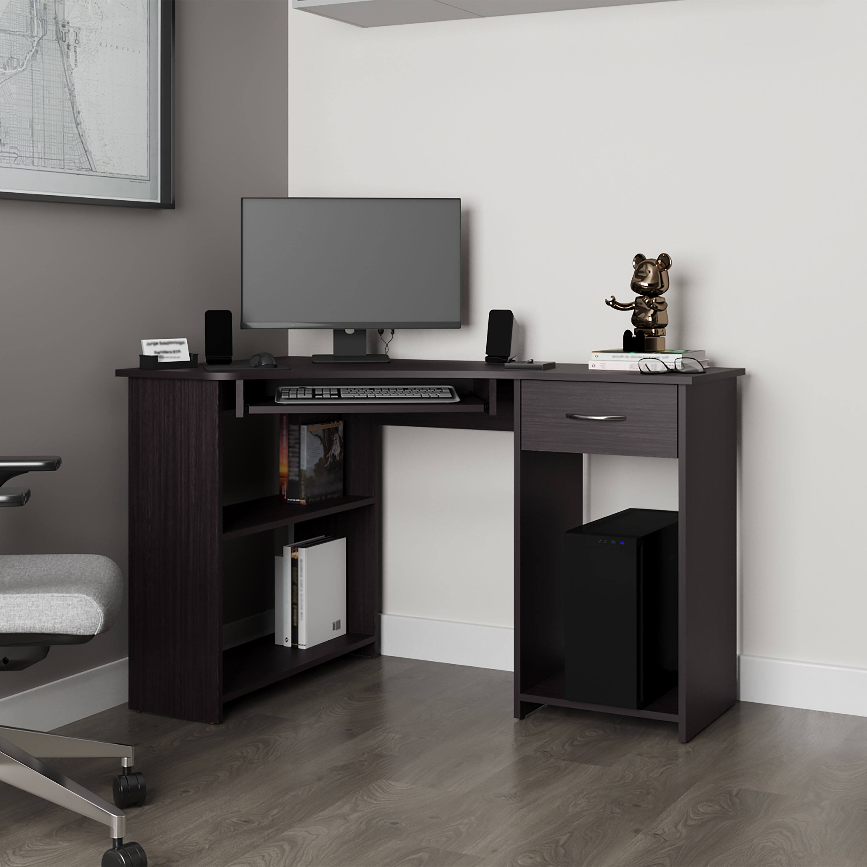 Tiramisubest - Corner Computer Desk, L-Shaped Home Office Desk with Drawer, Shelves, and CPU Space - Wenge