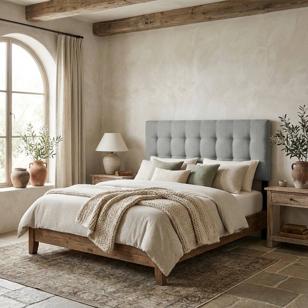 Angle. FurniFact - Upholstered Fabric Full Headboard with Padded Design and Elegant Finish - Gray.