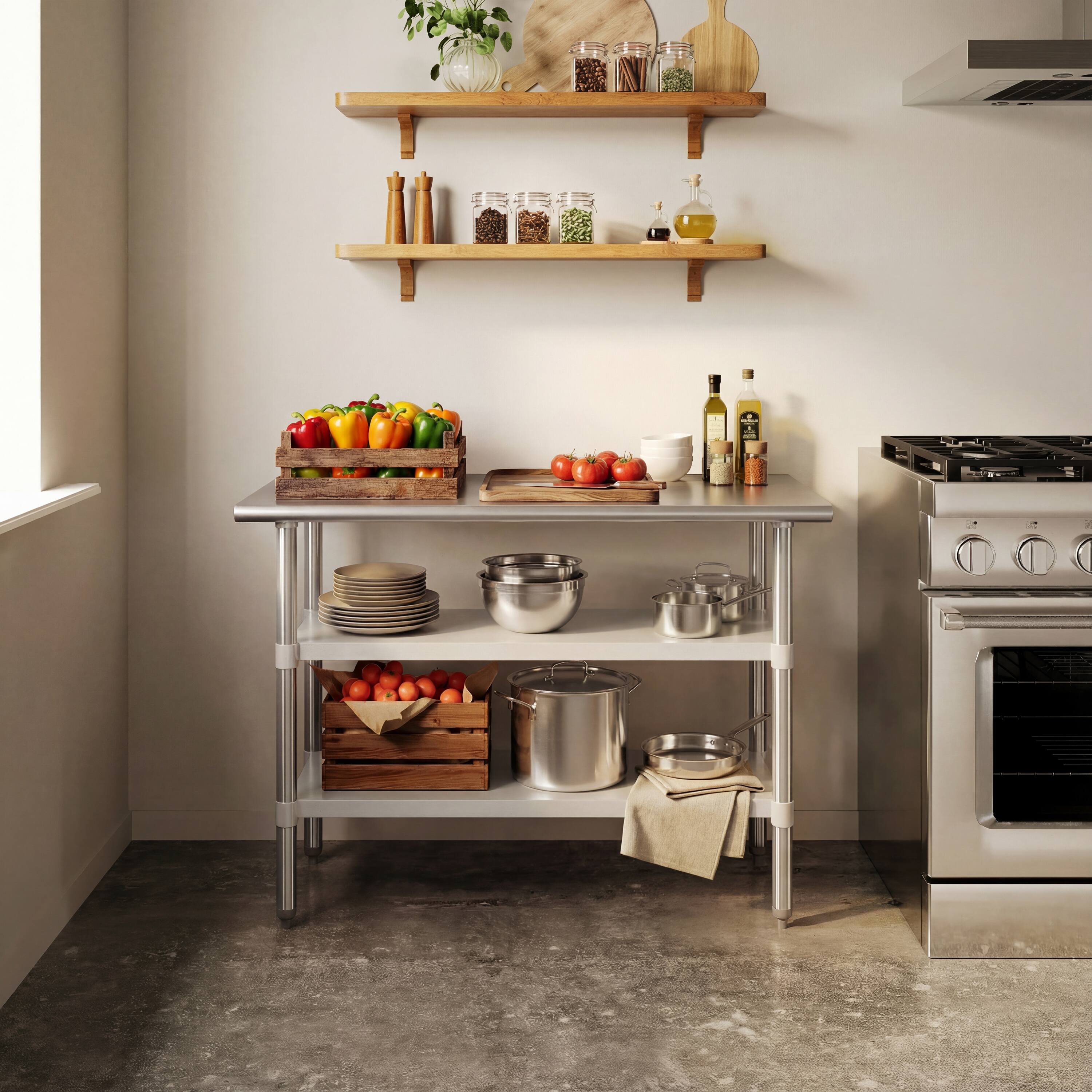 Alt View 1. Flash Furniture - Hogan Stainless Steel 18 Gauge Work Table with 2 Undershelves - NSF Certified - 48"W x 24"D x 34.5"H - Gray.