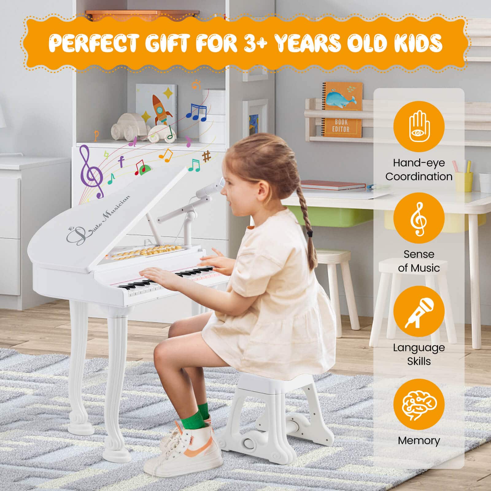 The perfect gift for 3+ year old kids includes a toy piano, a book editor, and a hand-eye coordination toy. These toys are designed to help develop a child's sense of music, language skills, and memory.