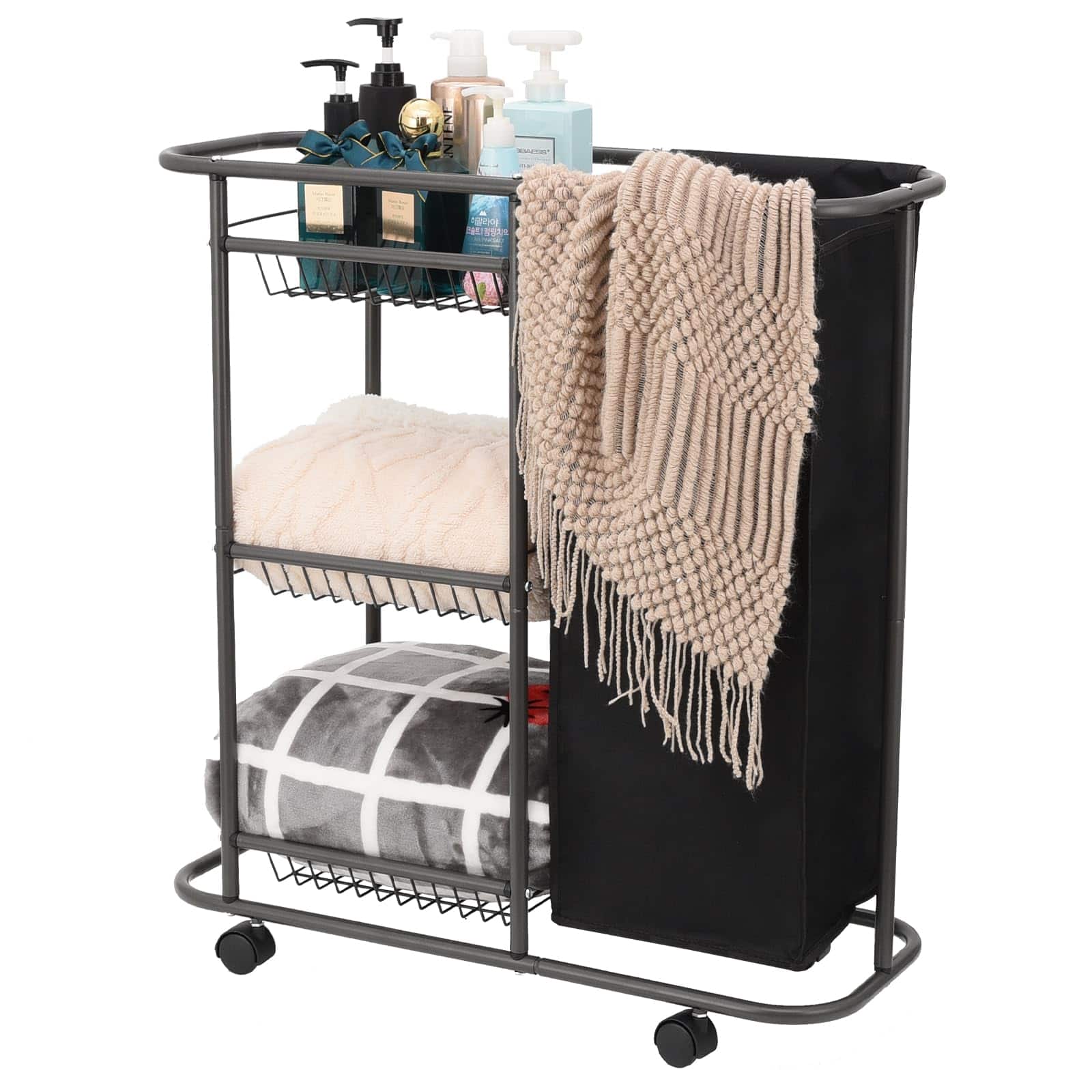 DORLUKFU - Rolling Laundry Cart with Wheels: 3-Tier Laundry Caddy Between Washer and Dryer - Heavy Duty Wrapping Paper Cart with - Black