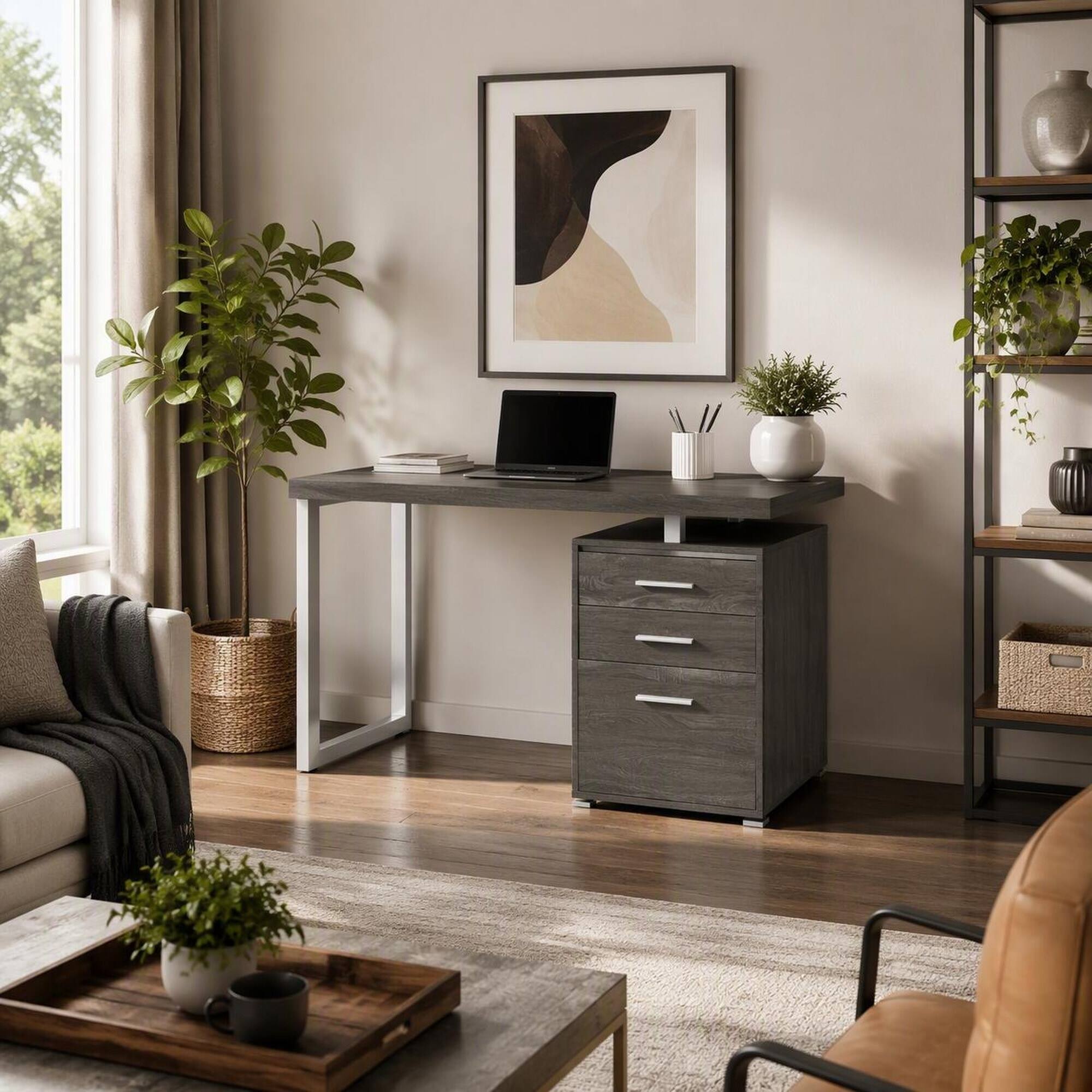 Back. RYHNUYNE - Reversible 3-Drawer Office Desk, Weathered Grey Finish, Metal Legs, 47.25 in Wide Workstation for Home Office and Study - Grey.