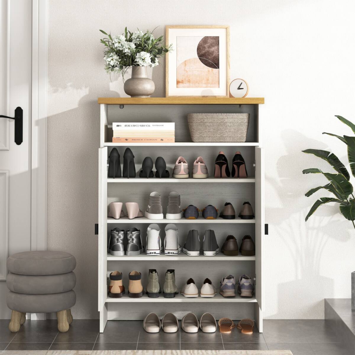 Alt View 4. HTUTWOO - Entryway Shoe Cabinet - 5-Tier Narrow Shoe Storage with 2 Doors & Open Shelves, Space-Saving,for Hallway, Apartment. - White.