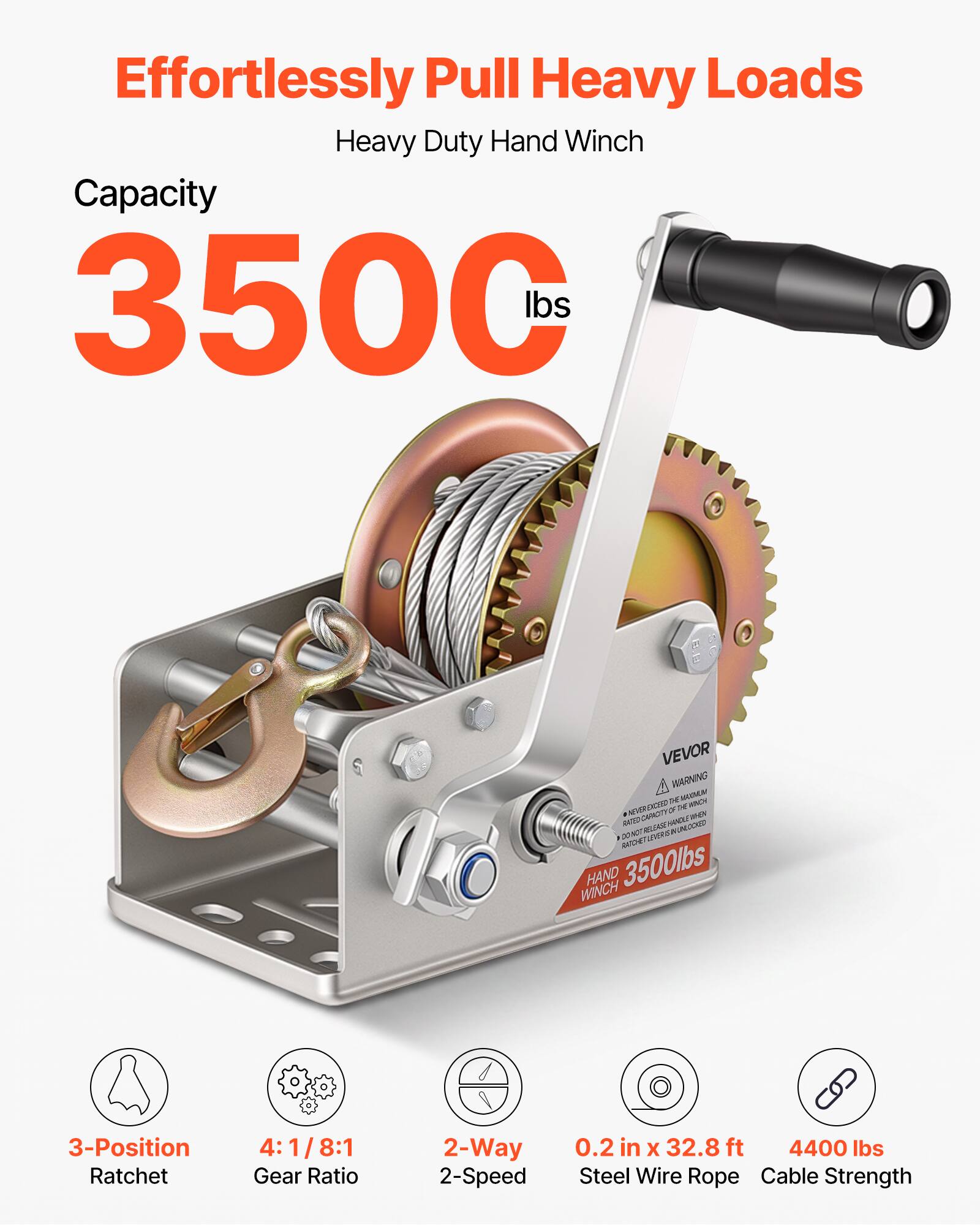 Effortlessly Pull Heavy Loads Heavy Duty Hand Winch Capacity 3500 lbs VEVOR WARIING E MOND RECA D n - M - a LNST MEN dAItEN aca SVU42 AON SAW HAND 3500lbs WINCH 3-Position Ratchet 4:1/8:1 Gear Ratio 2-Way 2-Speed 0.2 in X 32.8 ft 4400 lbs Steel Wire Rope Cable Strength