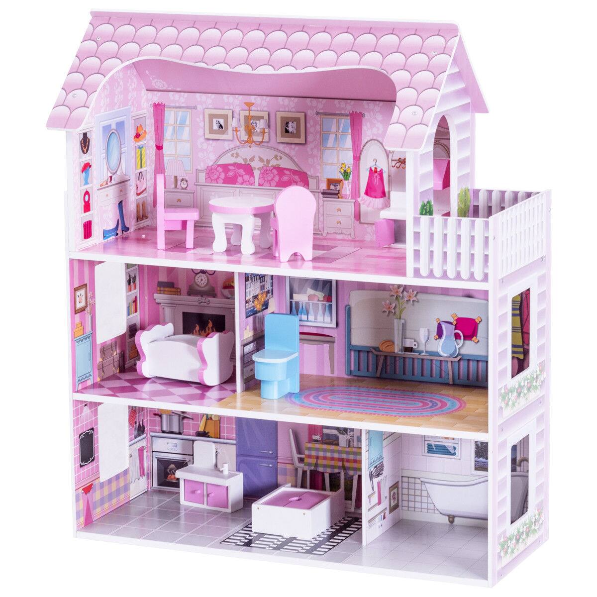Alt View 5. Costway - Costway 28'' Pink Dollhouse w/ Furniture and Play Accessories  for Girls - Pink.