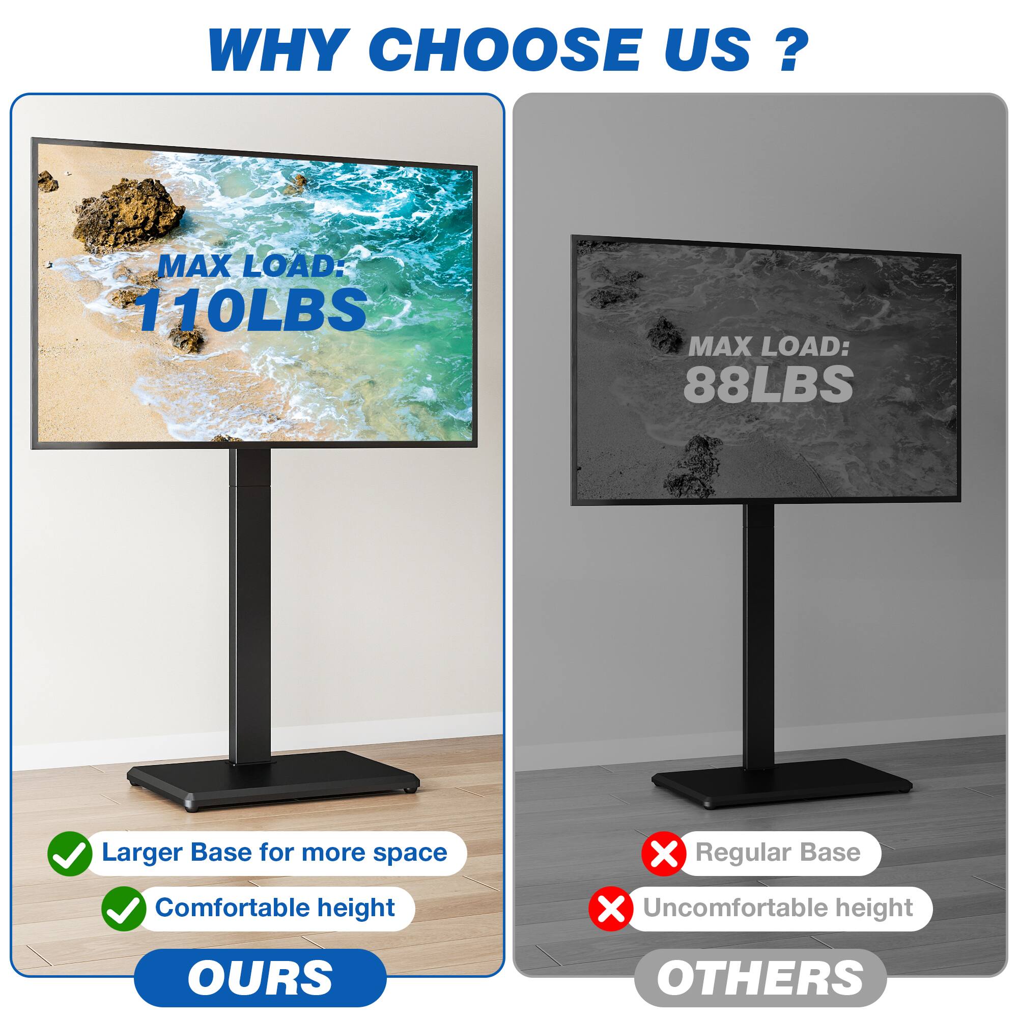 WHY CHOOSE US?

MAX LOAD: 110LBS
MAX LOAD: 88LBS

Larger Base for more space
Comfortable height

OURS

Regular Base
Uncomfortable height

OTHERS
