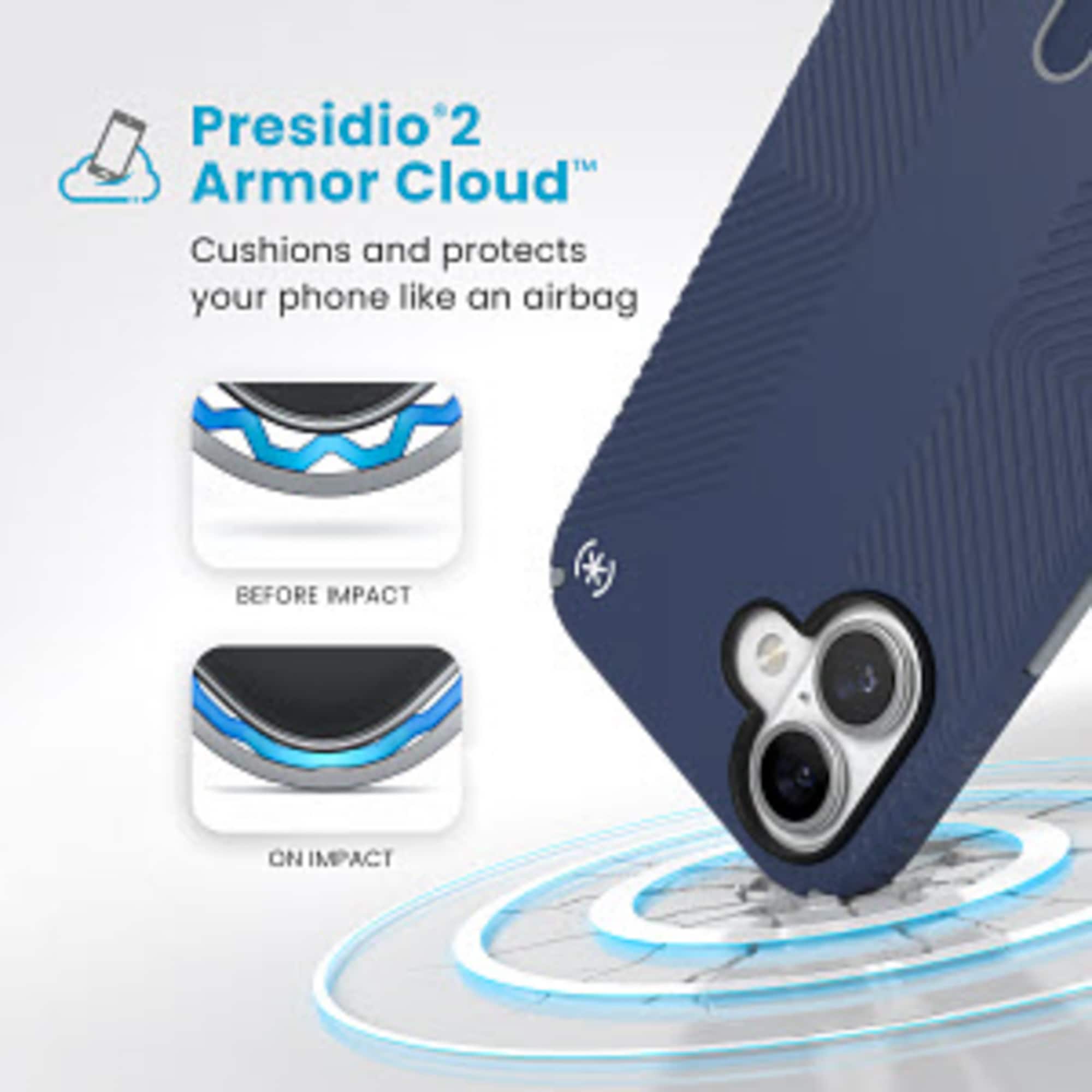Presidio 2 Armor Cloud: Cushions and protects your phone like an airbag. Before impact. On impact.