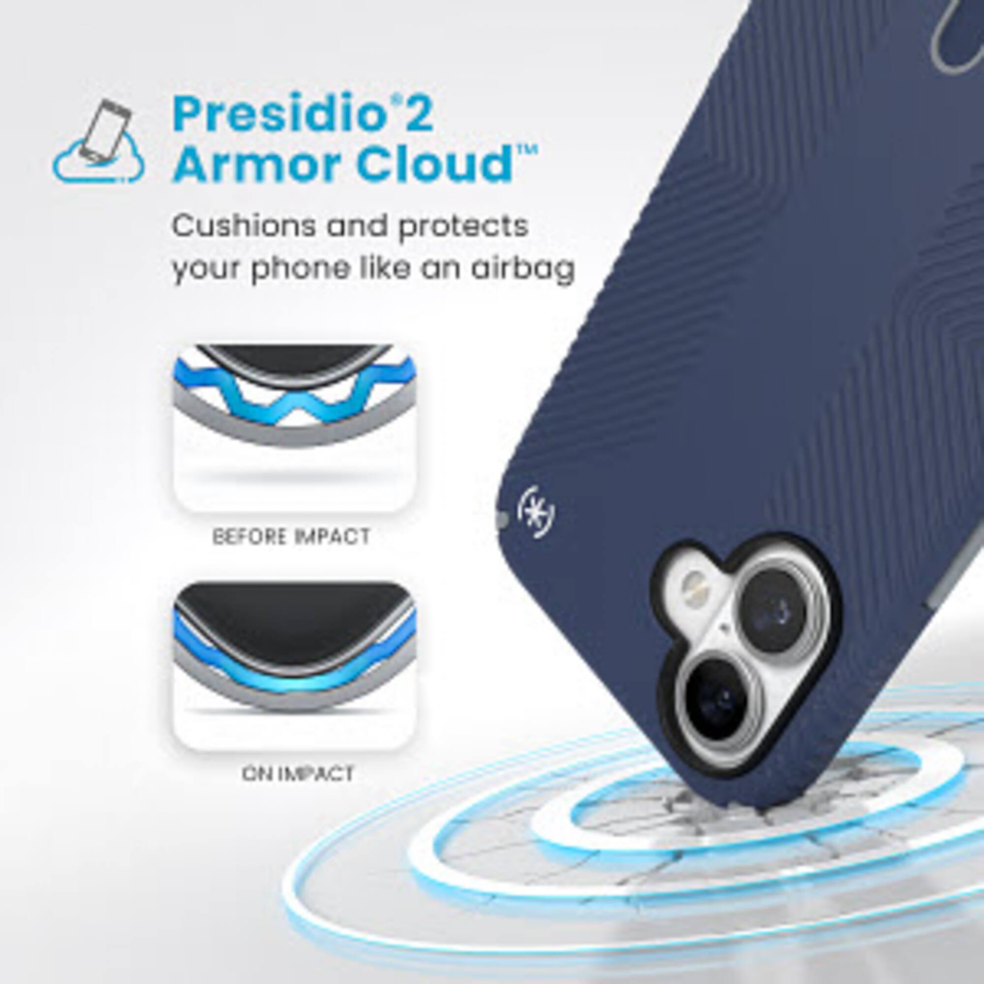 Presidio 2 Armor Cloud: Cushions and protects your phone like an airbag. Before impact. On impact.