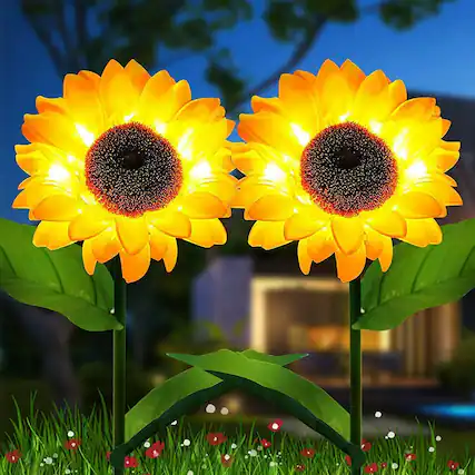 Front. Oumilen - 2 Pack Solar Garden Stake Lights, Outdoor Sunflower Lights, LED Solar Powered Lights.