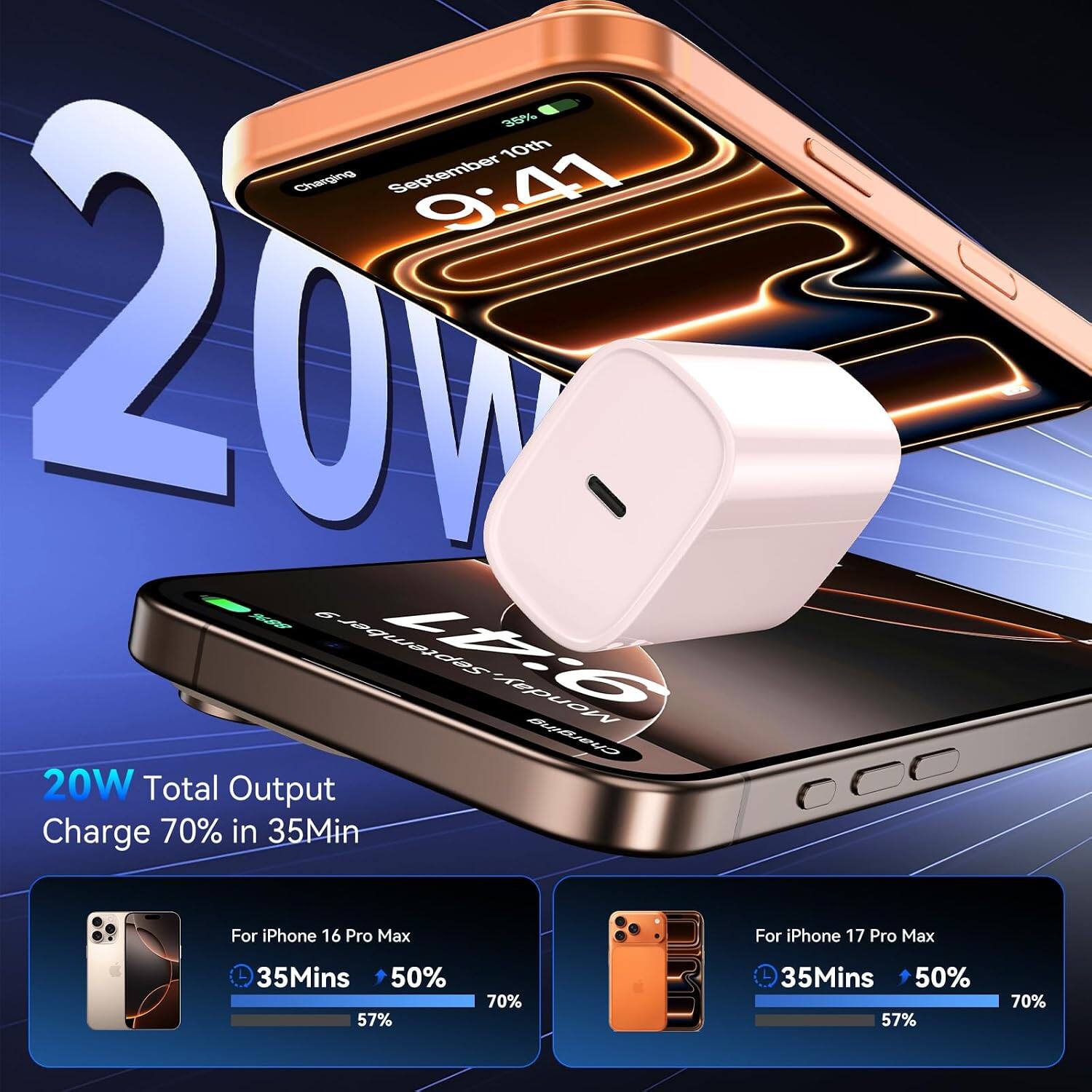 35% 10th Charging September 9:41  
20W Total Output  
Charge 70% in 35Min  
For iPhone 16 Pro Max  
35Mins 50% 57% 70%  
For iPhone 17 Pro Max  
35Mins 50% 57% 70%