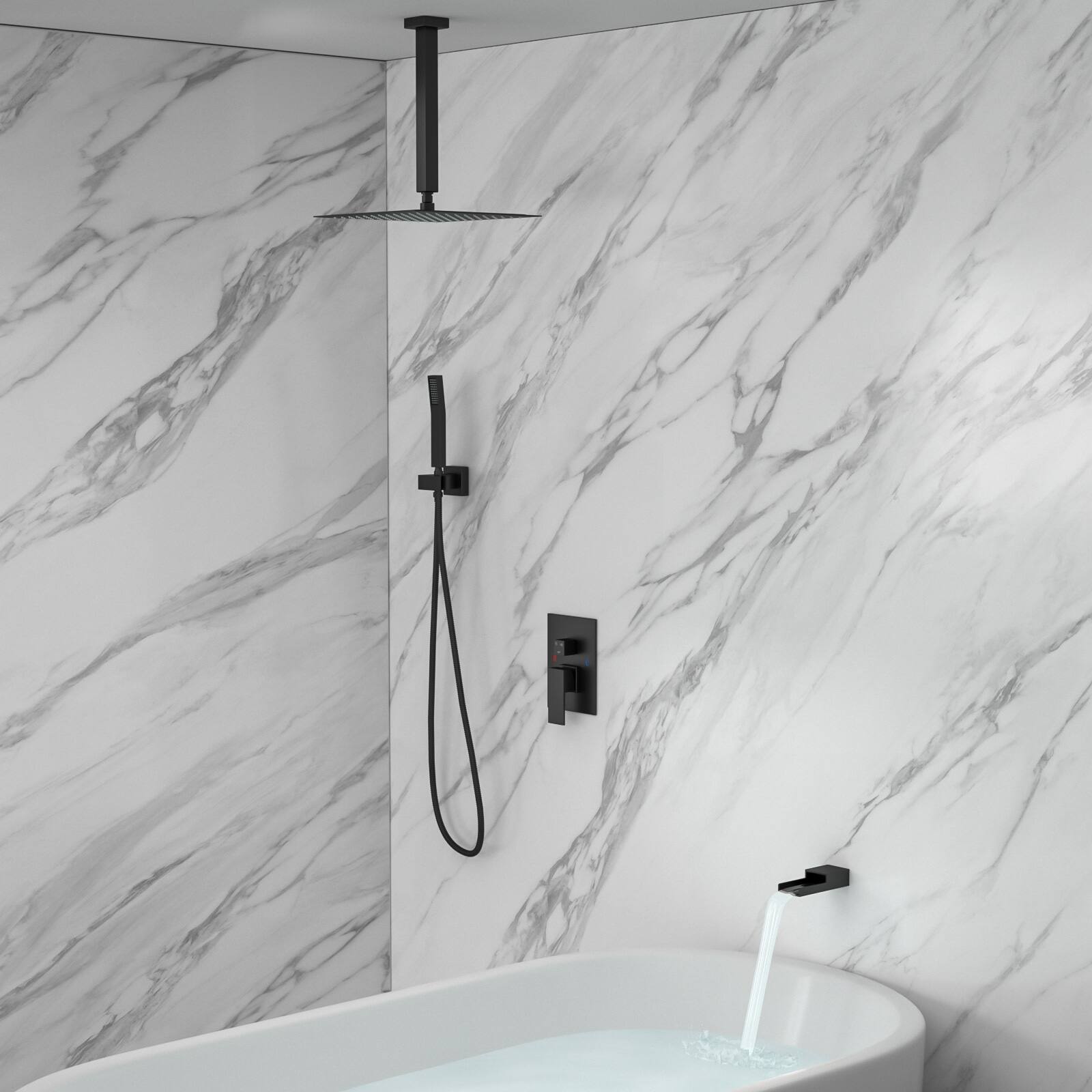 Left. Lordear - Shower System with Waterfall Tub Spout,16 Inch Ceiling Mount Square Shower System with Rough-in Valve,Matte black - Matte black.
