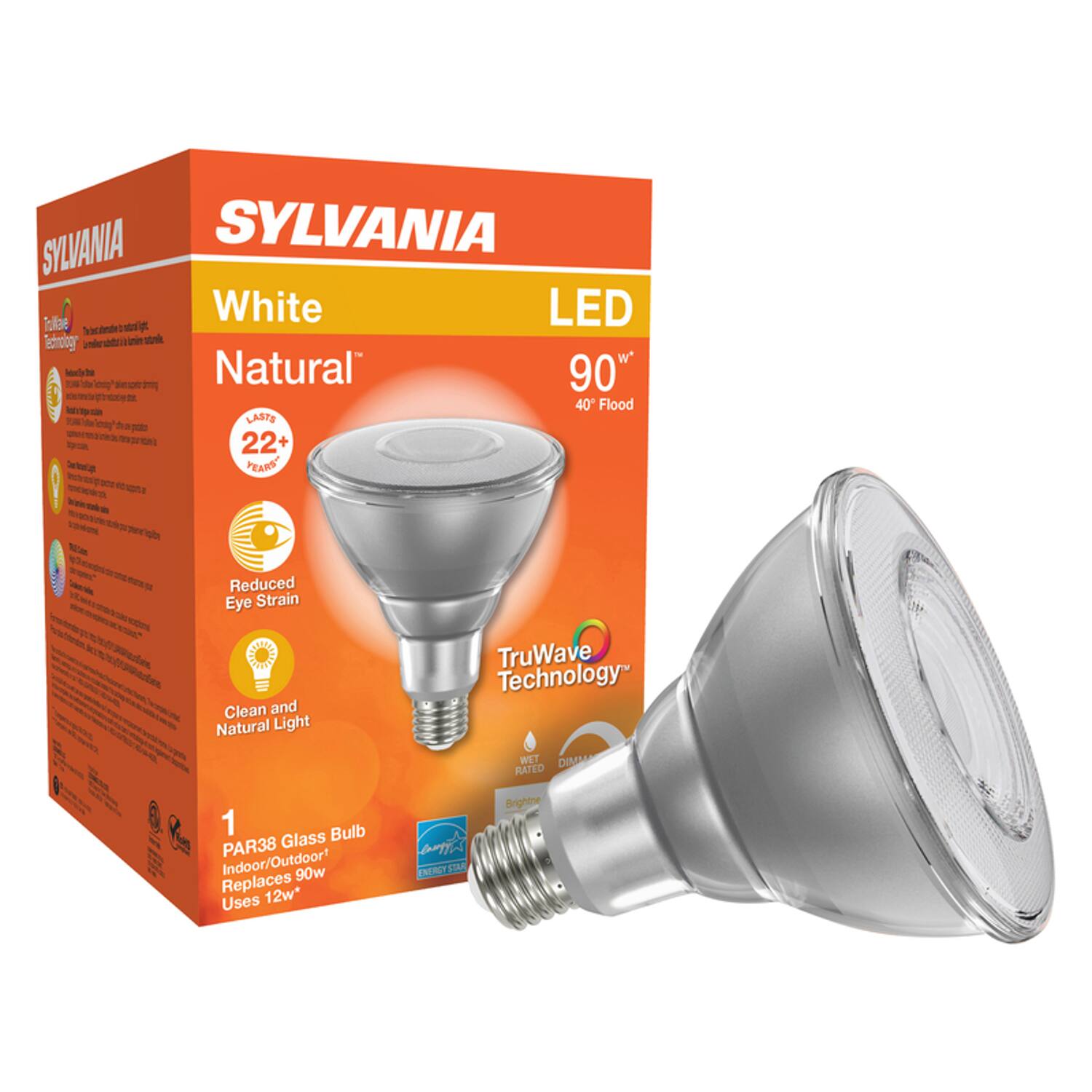SYLVANIA  
White Natural LED 90° Flood  
LASTS 22+ YEARS  
Reduced Eye Strain  
Clean and Natural Light  
TruWave Technology  
WET DIMM RATED  
1 Bulb PAR38 Glass Indoor/Outdoor  
Replaces 90w*  
Uses 12w*