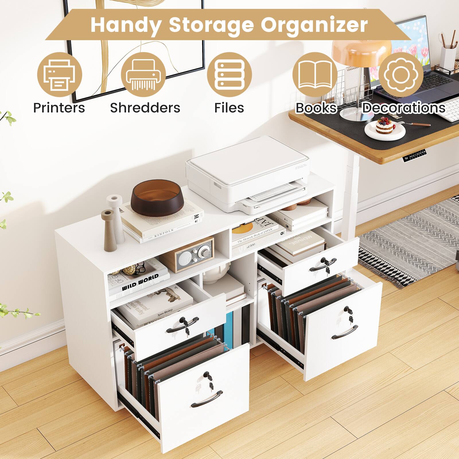 Handy Storage Organizer

Printers  
Shredders  
Files  
Books  
Decorations