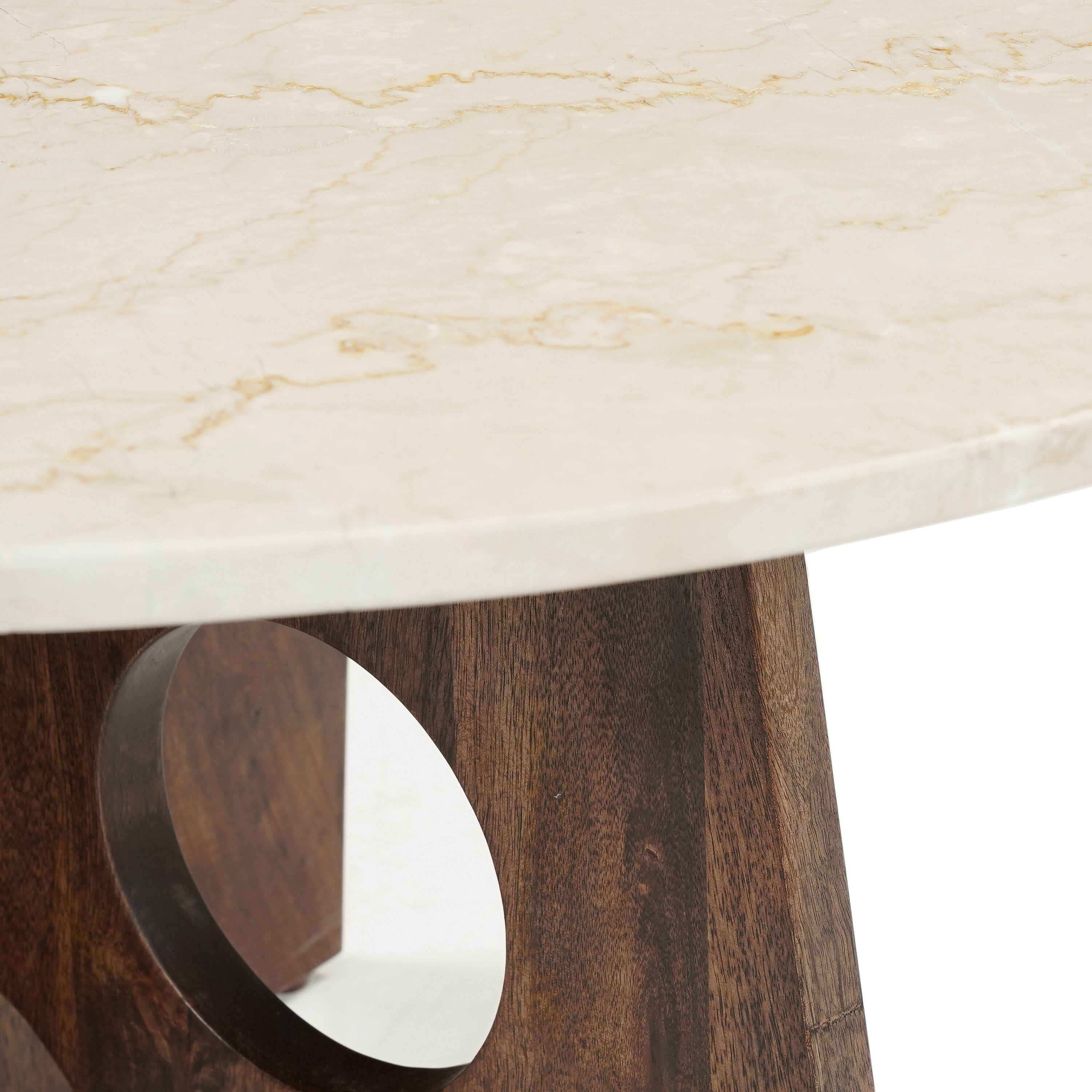 Alt View 1. Manhattan Lane - Kali Coffee Table, 27" Natural Round Marble Tabletop, Mango Wood Sculptural Base - Brown, White.