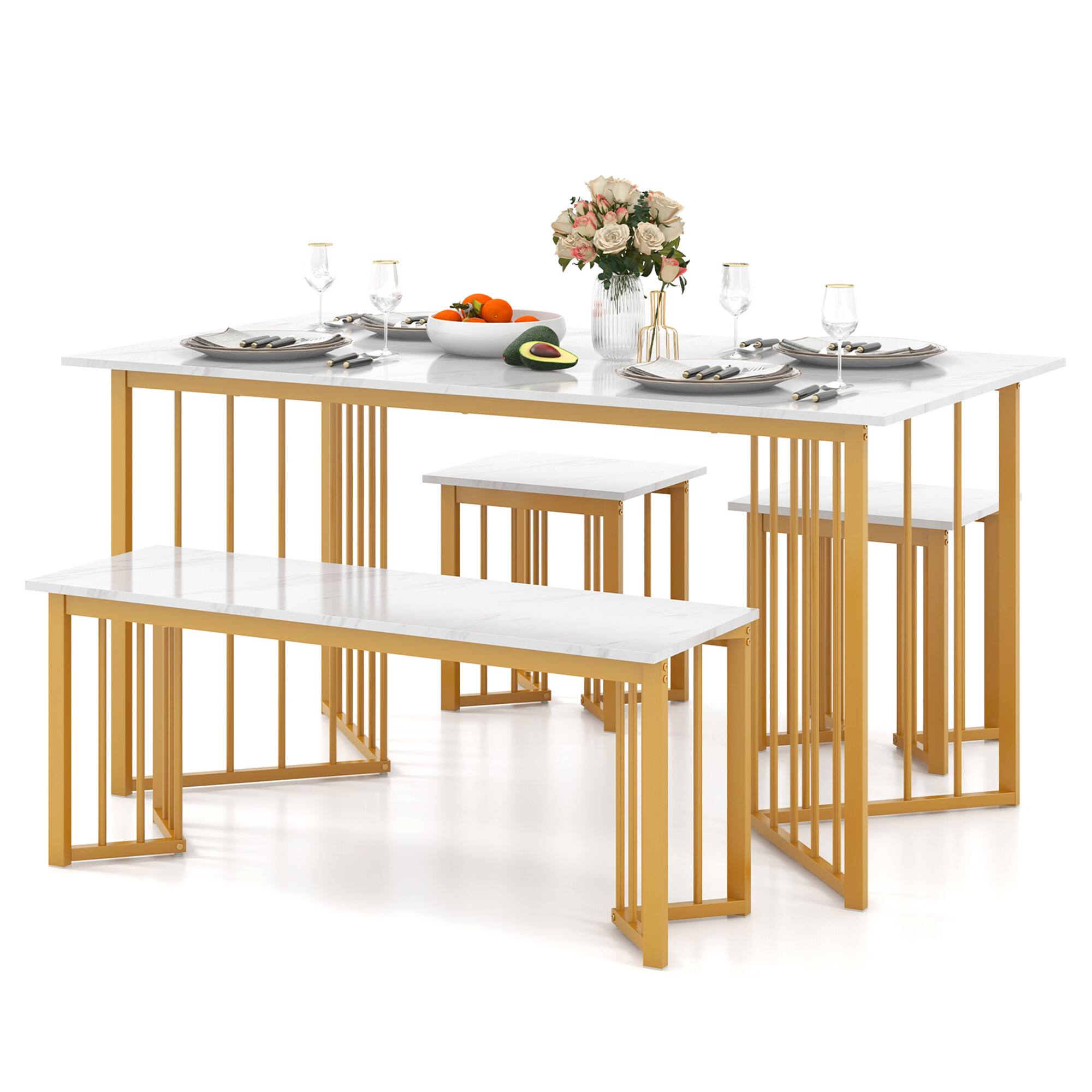 Front. Gymax - Gymax 4PCS Dining Table Set Kitchen Table w/ Bench & 2 Stools Wing-shaped Metal Legs - White, Gold.