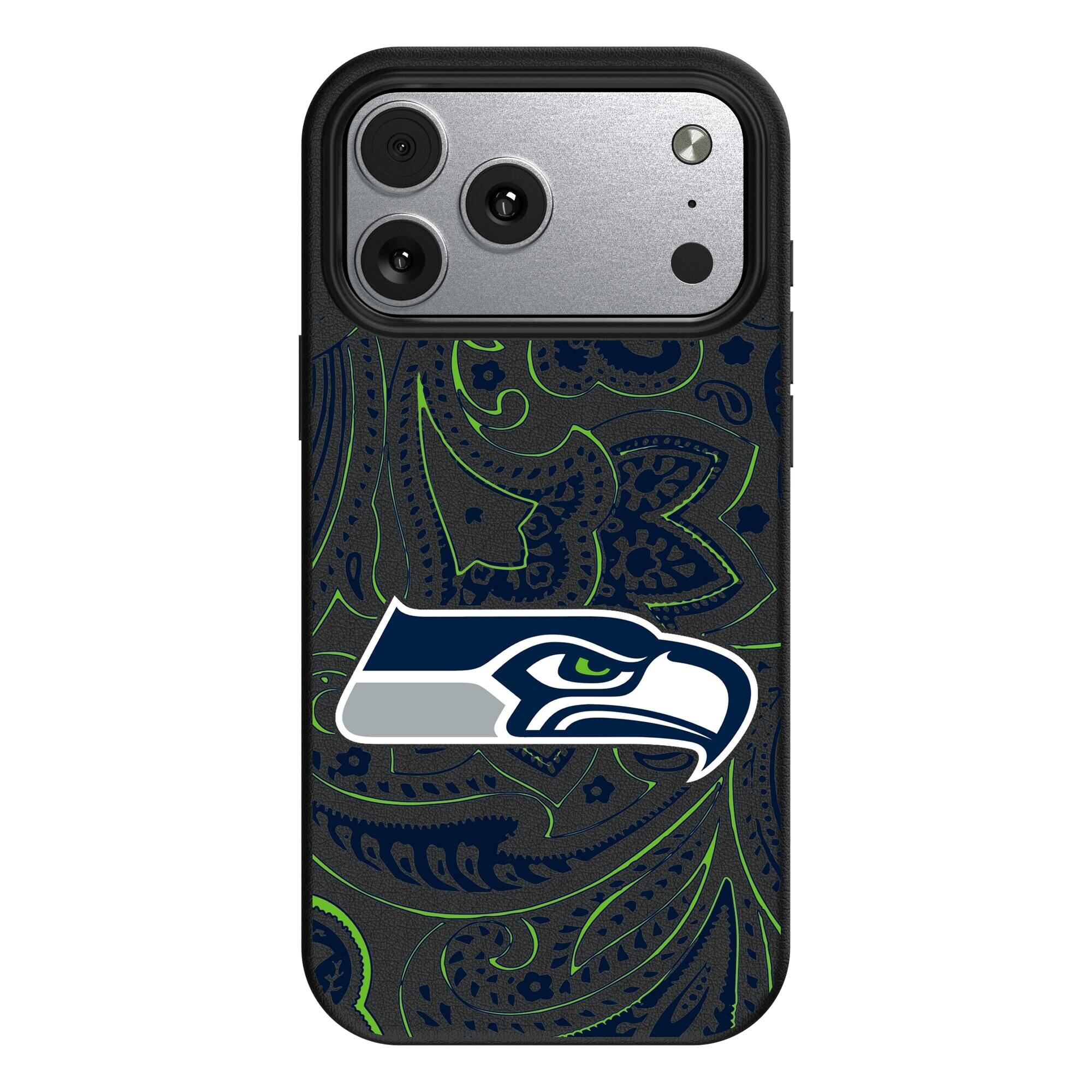 Front. Keyscaper - Seattle Seahawks Paisley iPhone Magnetic Bump Case - 17 Pro - Black.