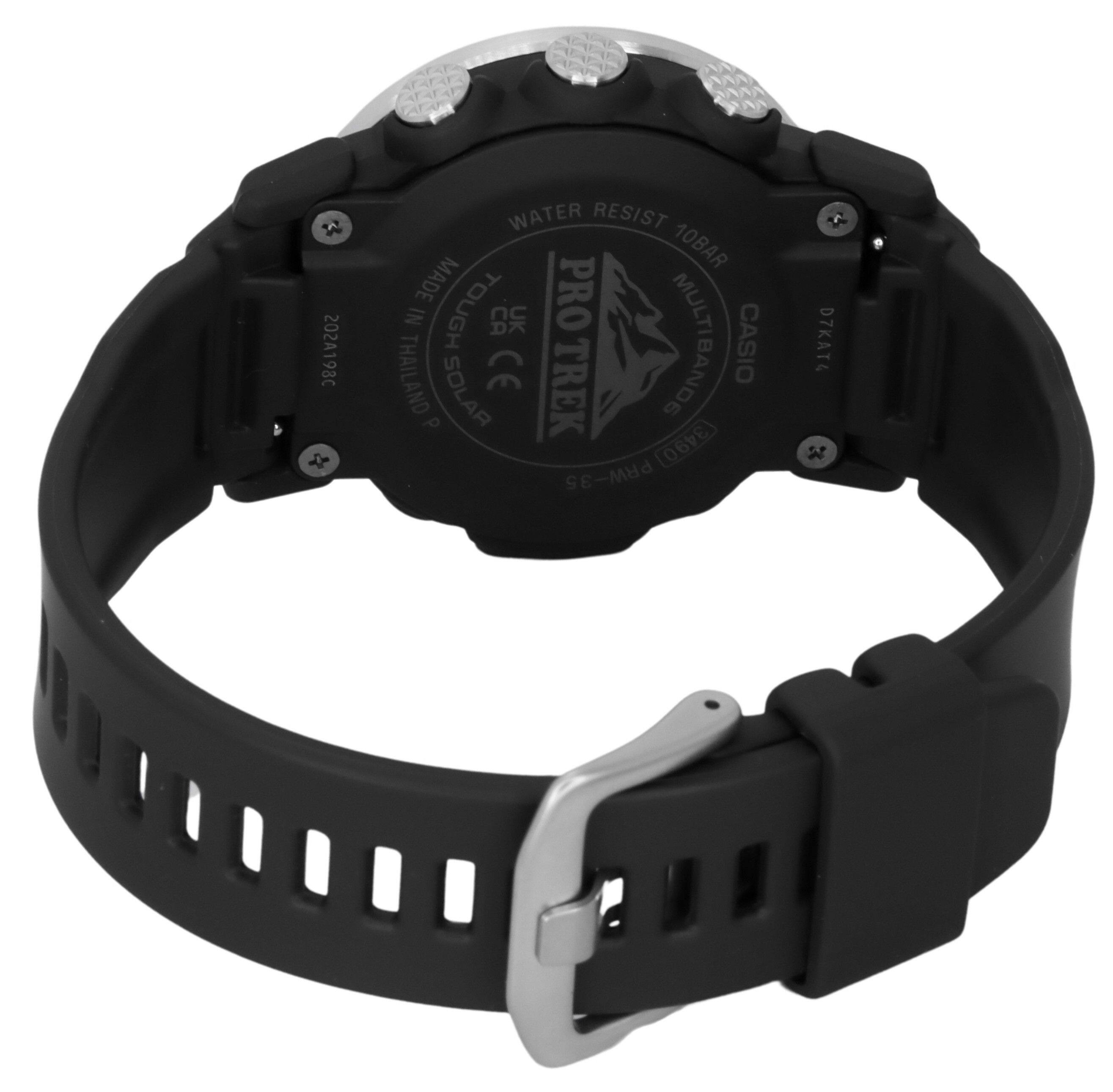 Sure, here is the corrected and grouped text from the image:

- PRO TREK
- WATER RESIST 10BAR
- MULTIBAND 6
- CASIO
- 202A198C
- MADE IN THAILAND
- SOLAR
- CAUTION
- UK
- CE
- DTKA4
- 3490 PRW-35 D7KAT4