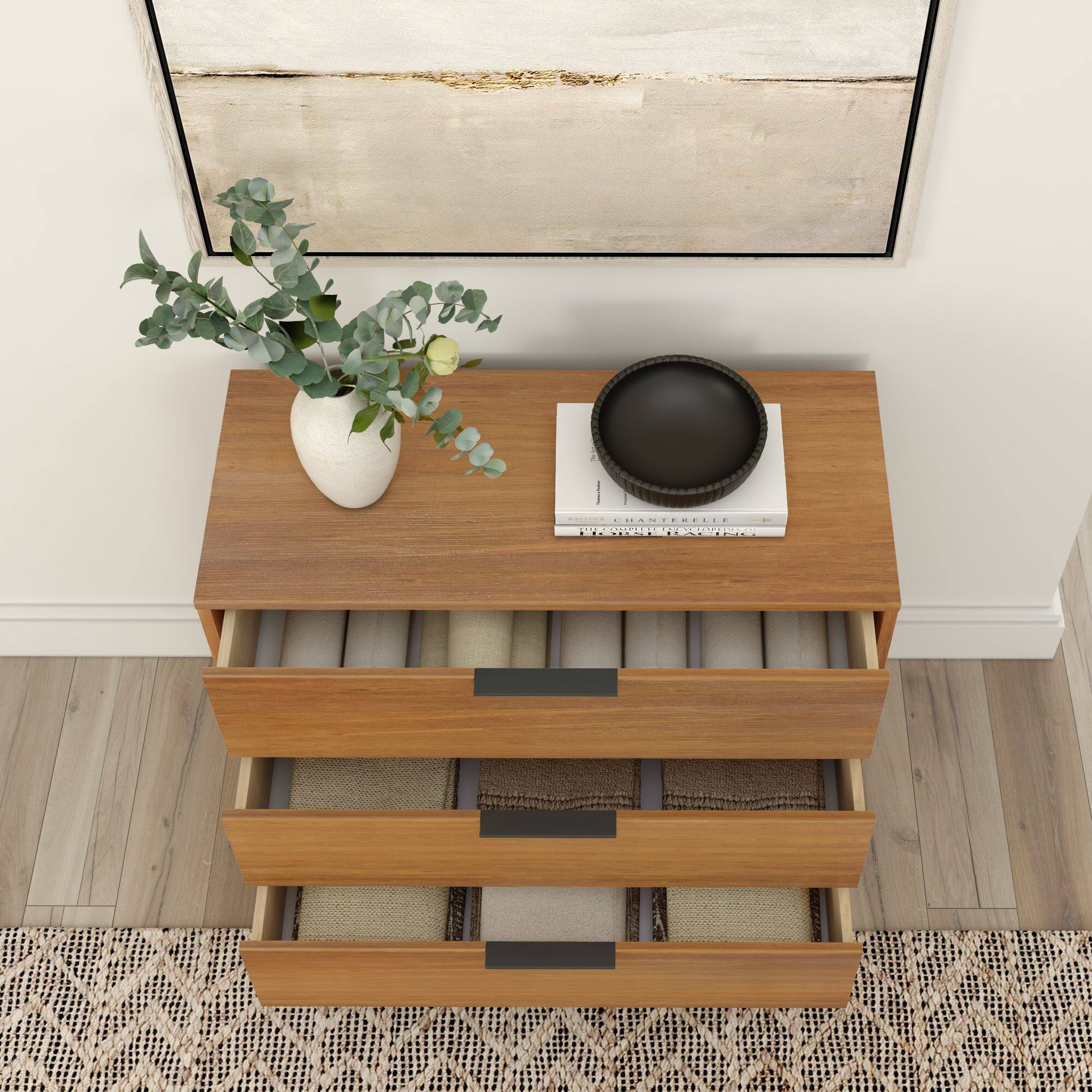 Alt View 5. Plank+Beam - Haven 3 Drawer Dresser with Black Handle, Pecan - Pecan.