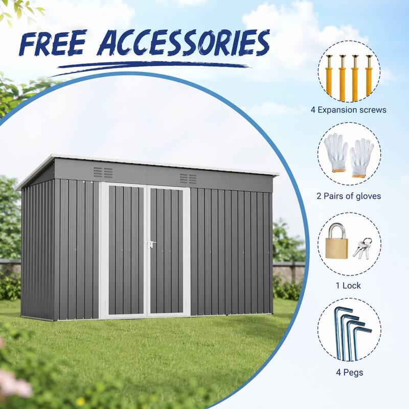 FREE ACCESSORIES

4 Expansion screws  
2 Pairs of gloves  
1 Lock  
4 Pegs