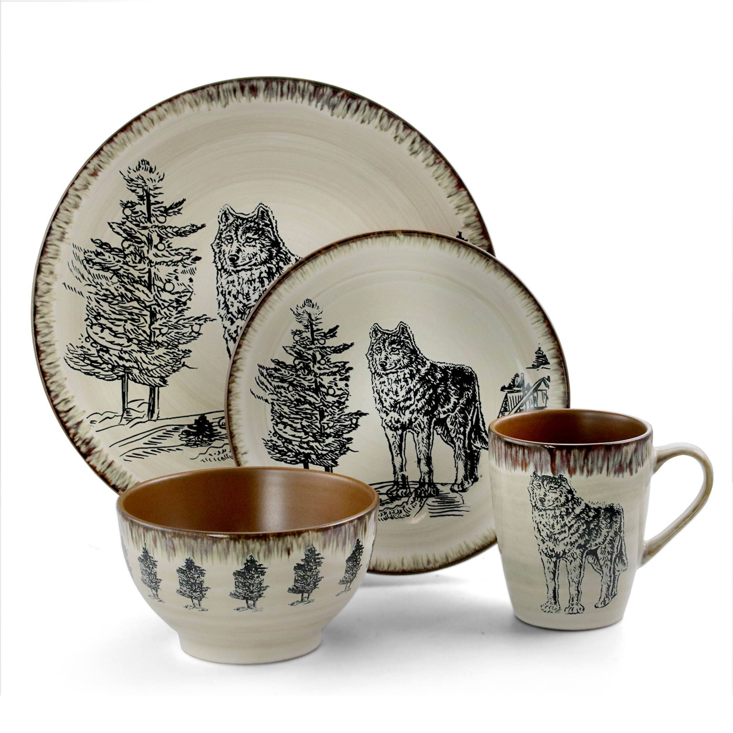 Alt View 1. Elama - Elama Majestic Wolf 16 Piece Luxurious Stoneware Dinnerware with Complete Setting for 4 - Taupe and Brown.