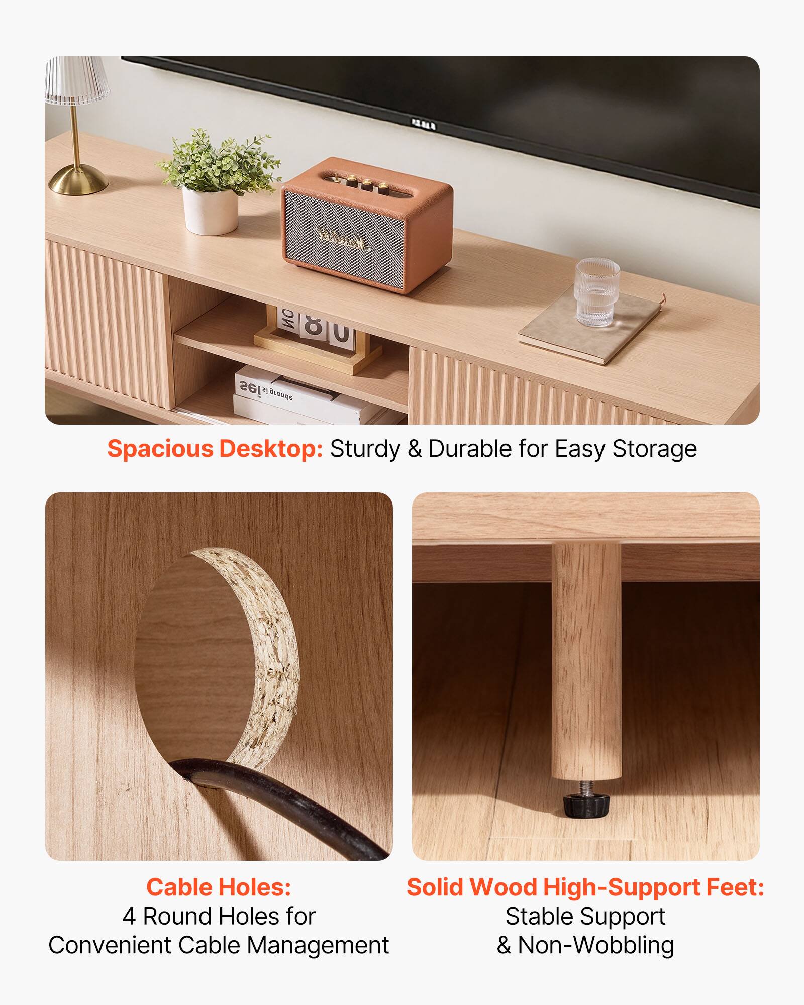 - Spacious Desktop: Sturdy & Durable for Easy Storage
- Cable Holes: 4 Round Holes for Convenient Cable Management
- Solid Wood High-Support Feet: Stable Support & Non-Wobbling