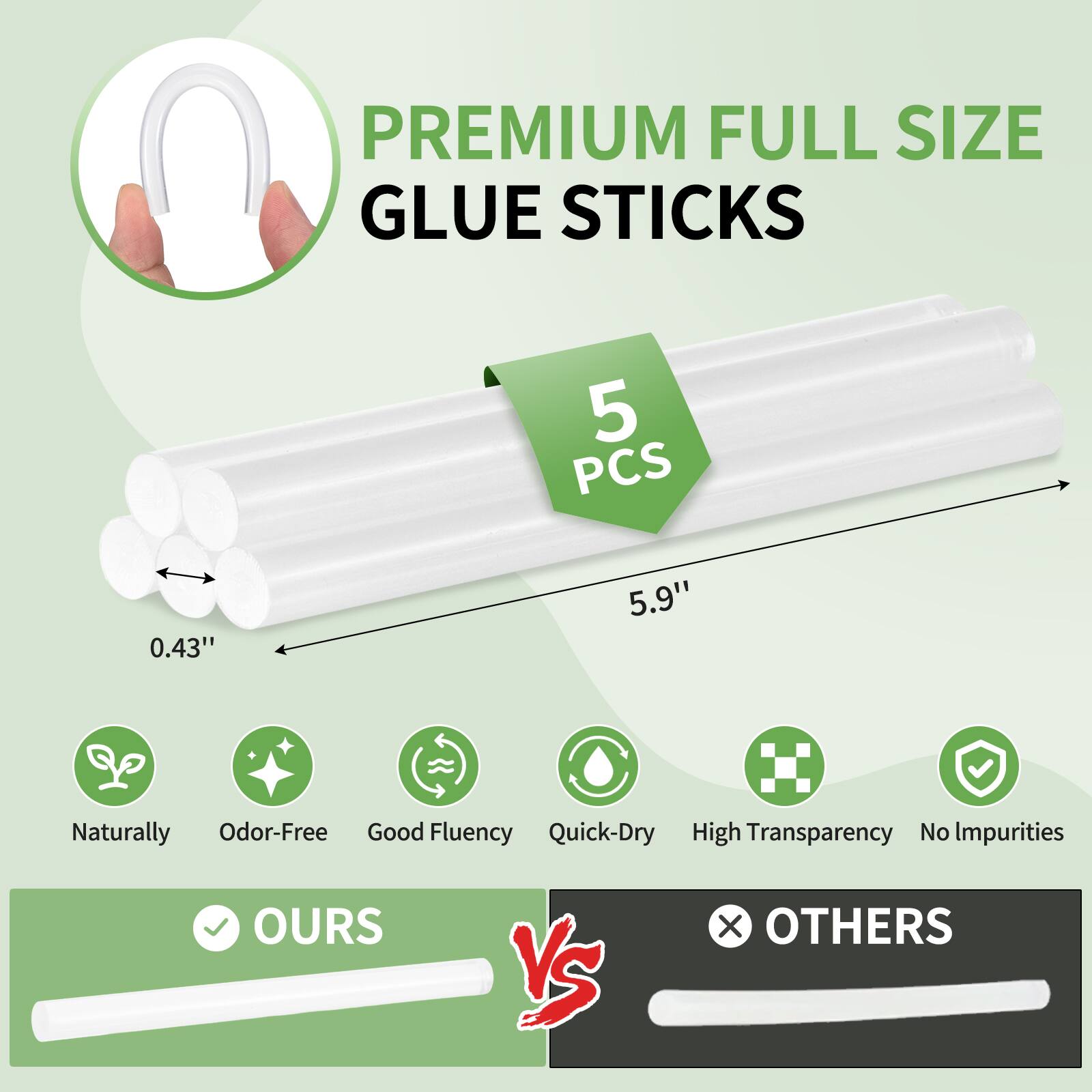 PREMIUM FULL SIZE GLUE STICKS  
5 PCS  
0.43" x 5.9"  
Naturally Odor-Free  
Good Fluency  
Quick-Dry  
High Transparency  
No Impurities  

OURS vs OTHERS