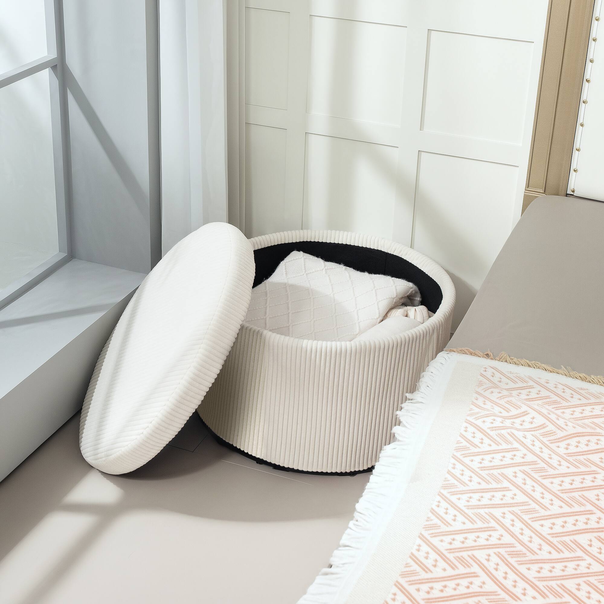 Alt View 8. Homcom - Storage Ottoman with Lid, 24 In Round Pouf Ottoman with Storage, Upholstered Corduroy Foot Rest Stool for Living Room - Beige.