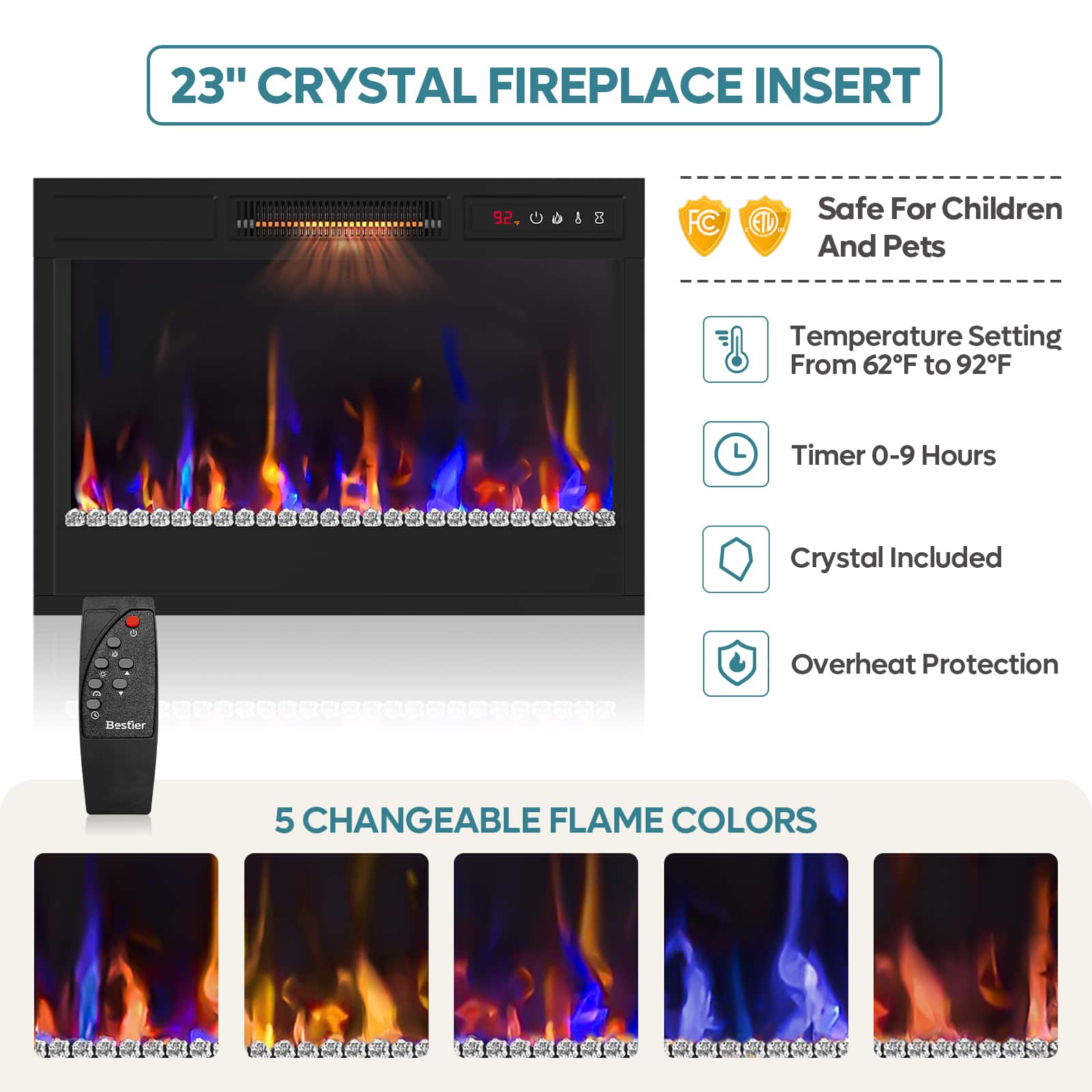 23" Crystal Fireplace Insert: Safe for Children and Pets, Temperature Setting from 62°F to 92°F, Timer 0-9 Hours, Crystal Included + Overheat Protection, Bestier 5 Changeable Flame Colors.