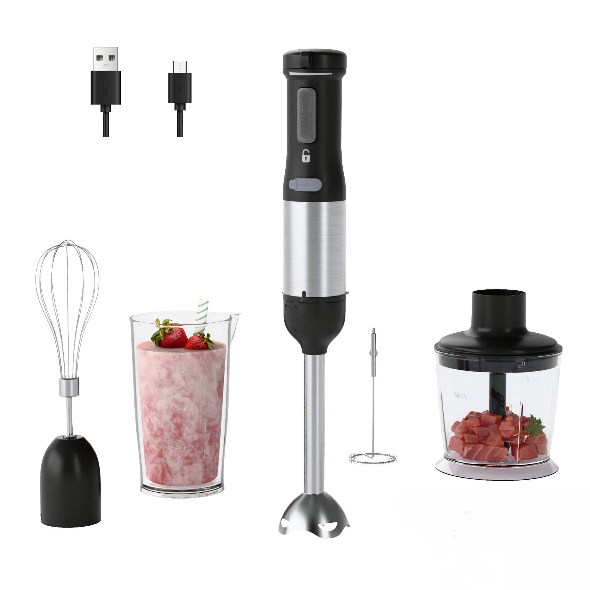 WHALL - 5-in-1 Cordless Immersion Hand Blender - Variable Speed, Rechargeable Handheld Blender for Smoothies - Black
