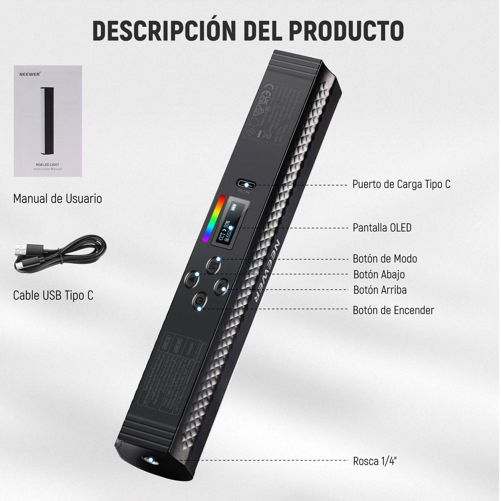 DESCRIPCIÓN DEL PRODUCTO

- Manual de Usuario
- Pantalla OLED 6 B55
- Botón de Modo
- Botón Abajo
- Botón Arriba
- Botón de Encender
- Puerto de Carga Tipo C
- Cable USB Tipo C
- Rosca 1/4"