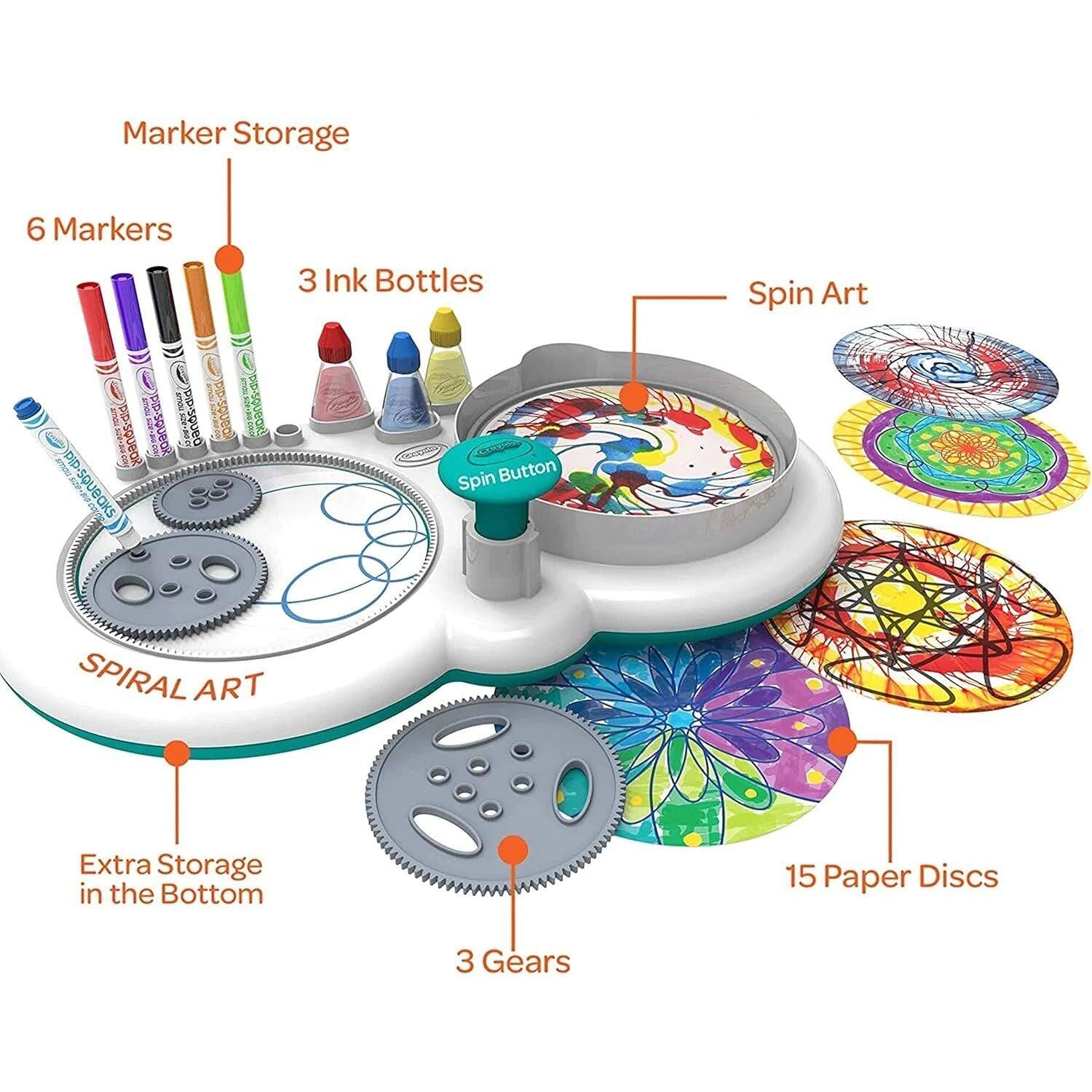 Marker Storage  
6 Markers  
3 Ink Bottles  
Spin Art  
Spin Button  
Spiral Art  
Extra Storage in the Bottom  
15 Paper Discs  
3 Gears